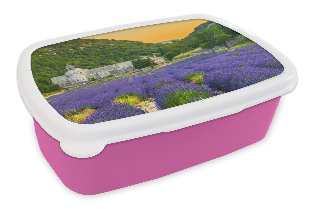 MuchoWow Lunchbox Orangefarbener Himmel über einem Tal mit Lavendelblüten, Kunststoff, (2-tlg), Brotbox für Erwachsene, Brotdose Kinder, Snackbox, Mädchen, Kunststoff rosa