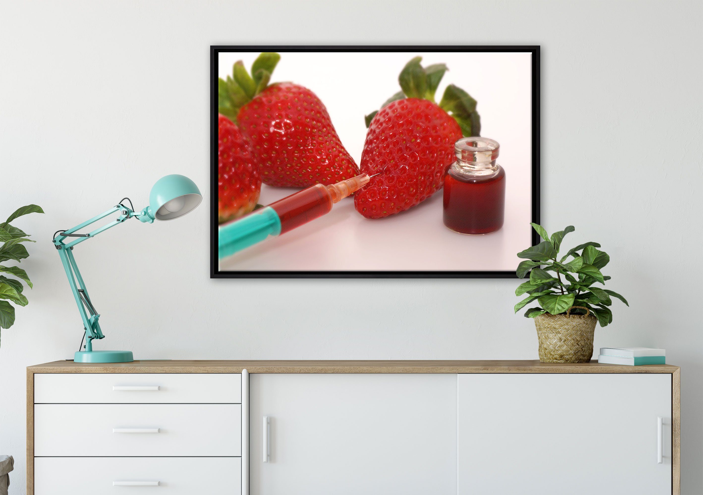 Leinwandbild Schattenfugen-Bilderrahmen Erdbeeren in Wanddekoration (1 mit Zackenaufhänger Lebensmittelfarbe, St), Leinwandbild einem gefasst, inkl. fertig bespannt, Pixxprint