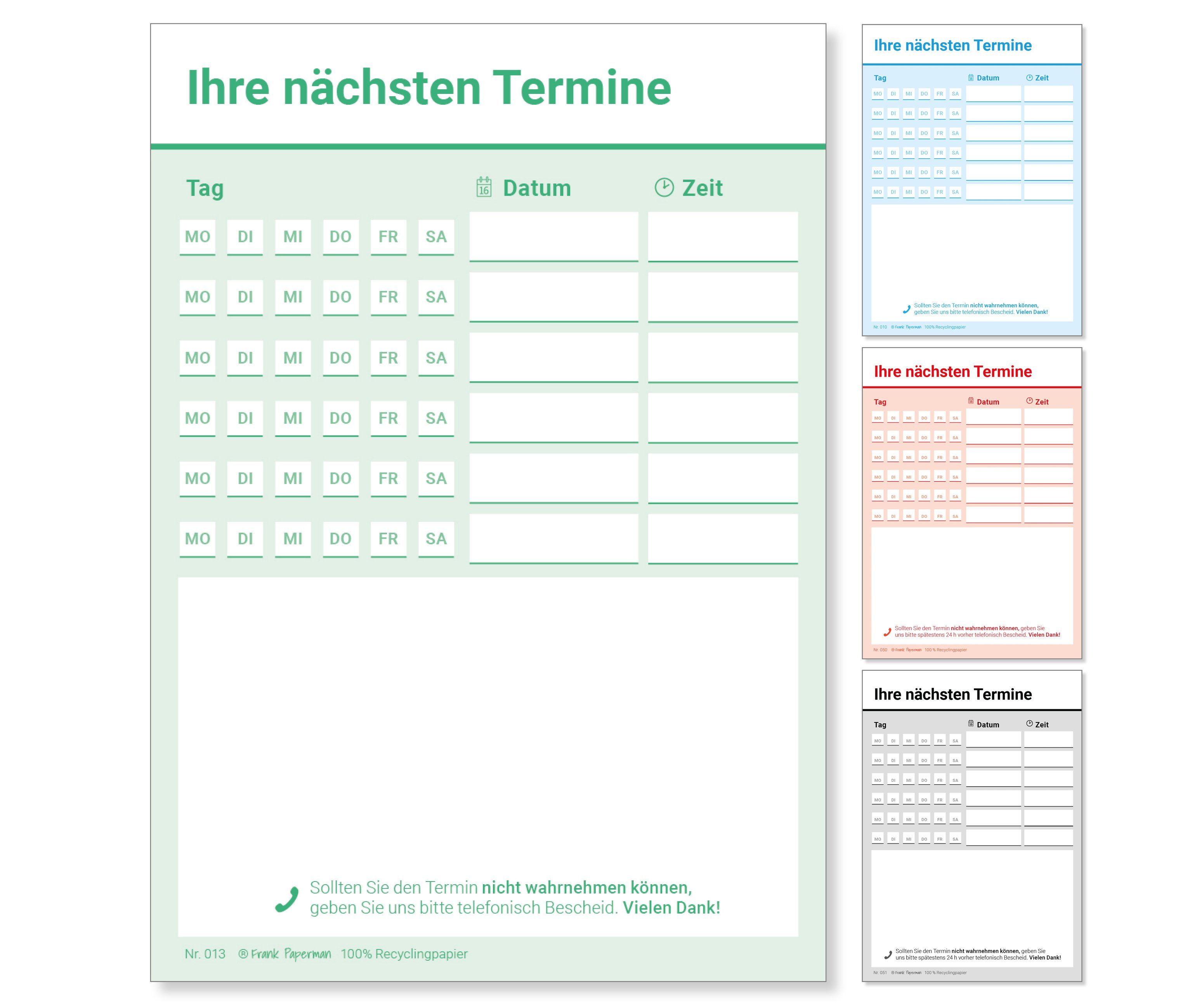 Frank Paperman Terminplaner, 600 Terminzettel, 12 x Terminblock à 50 Blatt, 6 Termine, für Ärzte, Heilpraktiker, Physio, Massage, Studios u.v.m.