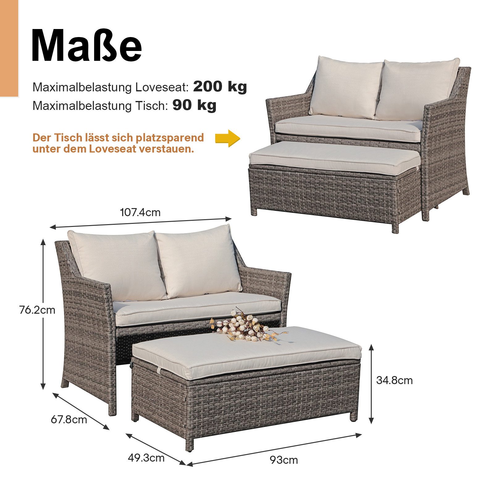 JOIVI Gartenbank 2-tlg Outdoor Rattan Gartenbank (Terrasse Loveseat mit Couchtisch, mit integriertem Staufach), grauem Rattan und grauen Kissen