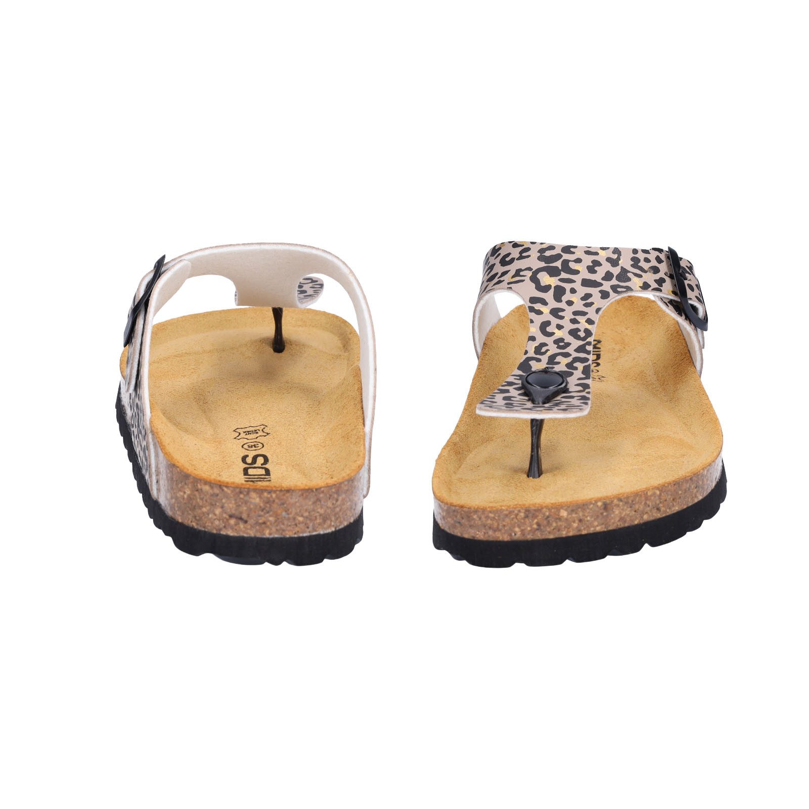 MIDS MIA Damen Pantolette leo Animalprint, Zehentrenner mit Lederfußbett, Schnalle und Korksohle
