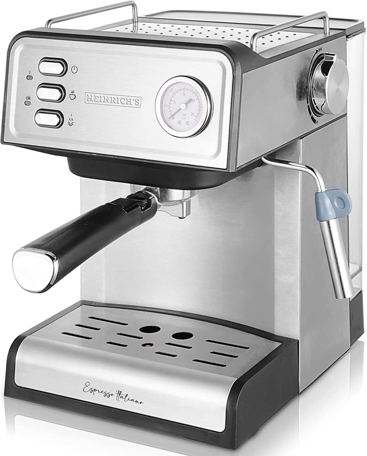 Heinrich´s Espressomaschine, Edelstahlfilter, 20Bar Ulka Pumpe, Milchaufschäumer mit Barista Zubehör 1,6L