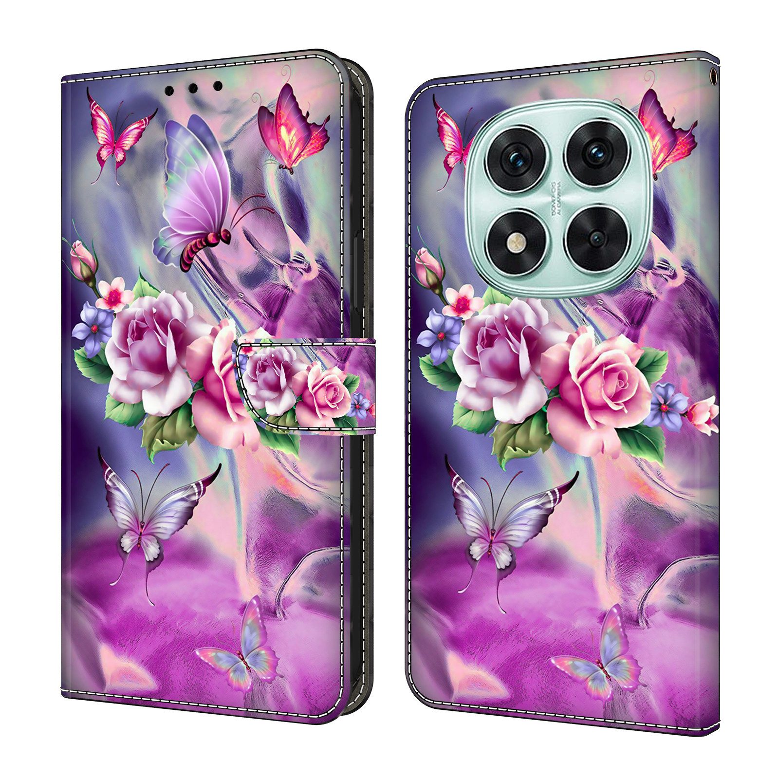 CLM-Tech Handytasche für Xiaomi Redmi Note 14 PRO 5G Hülle aus PU-Leder Klapphülle (lila Blumen Schmetterlinge, Handyhülle mit Standfunktion - Wallet Flip Case inklusive Kartenfächer), Cover mit Magnetverschluss für Xiaomi Redmi Note 14 Pro 5G / 4G