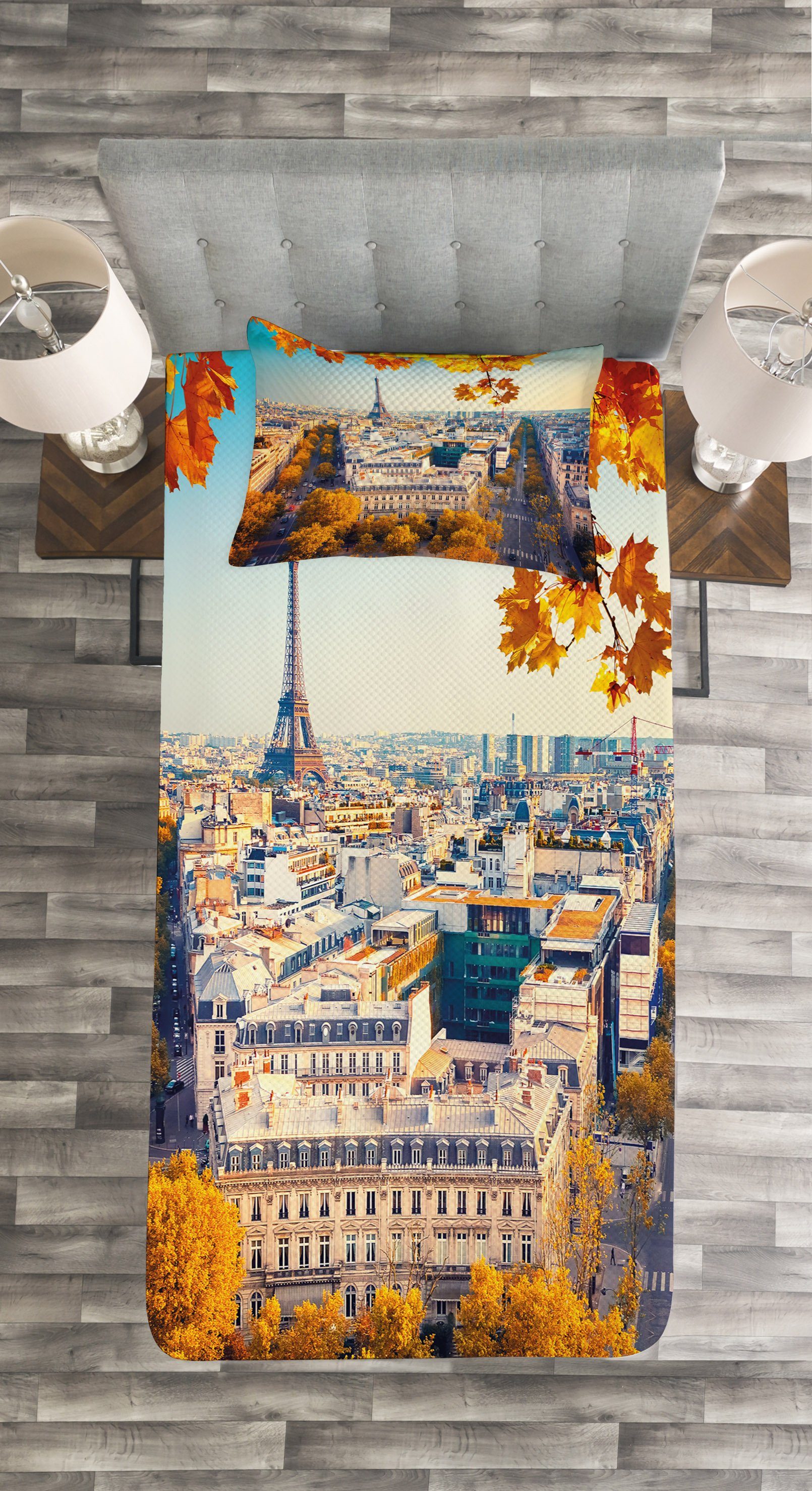 Kissenbezügen Set Luftaufnahme Waschbar, Eiffelturm Abakuhaus, Herbst mit Tagesdecke