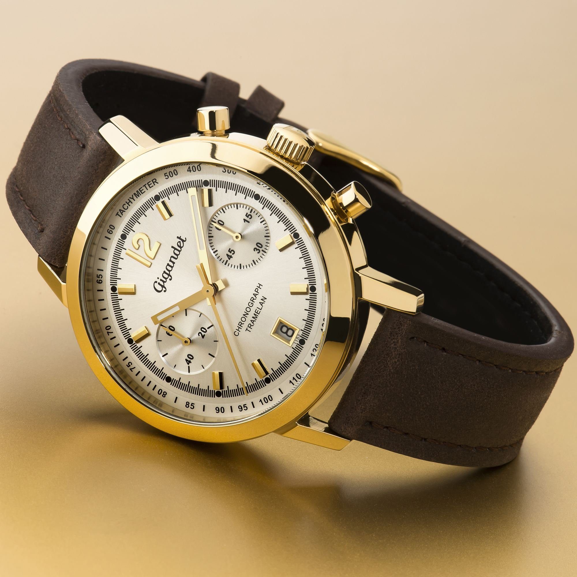 Gigandet Chronograph Armbanduhr, Herrenuhr, Sportuhr, 43mm, TRAMELAN G10-005, Mineralglas, Datumsanzeige, Lederband, 10bar/100m wasserdicht