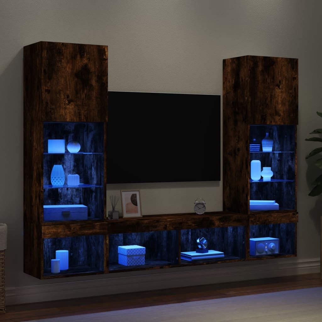 vidaXL Wohnwand, 5-tlg. Wohnwand mit LED-Beleuchtung Räuchereiche Holzwerkstoff