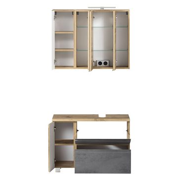 Lomadox Waschtisch-Set VASTO-03-CONCRETE, (Spar-Set, 2-St., 2-tlg), Waschbeckenunterschrank rechts Spiegelschrank 85cm Eiche Beton Optik