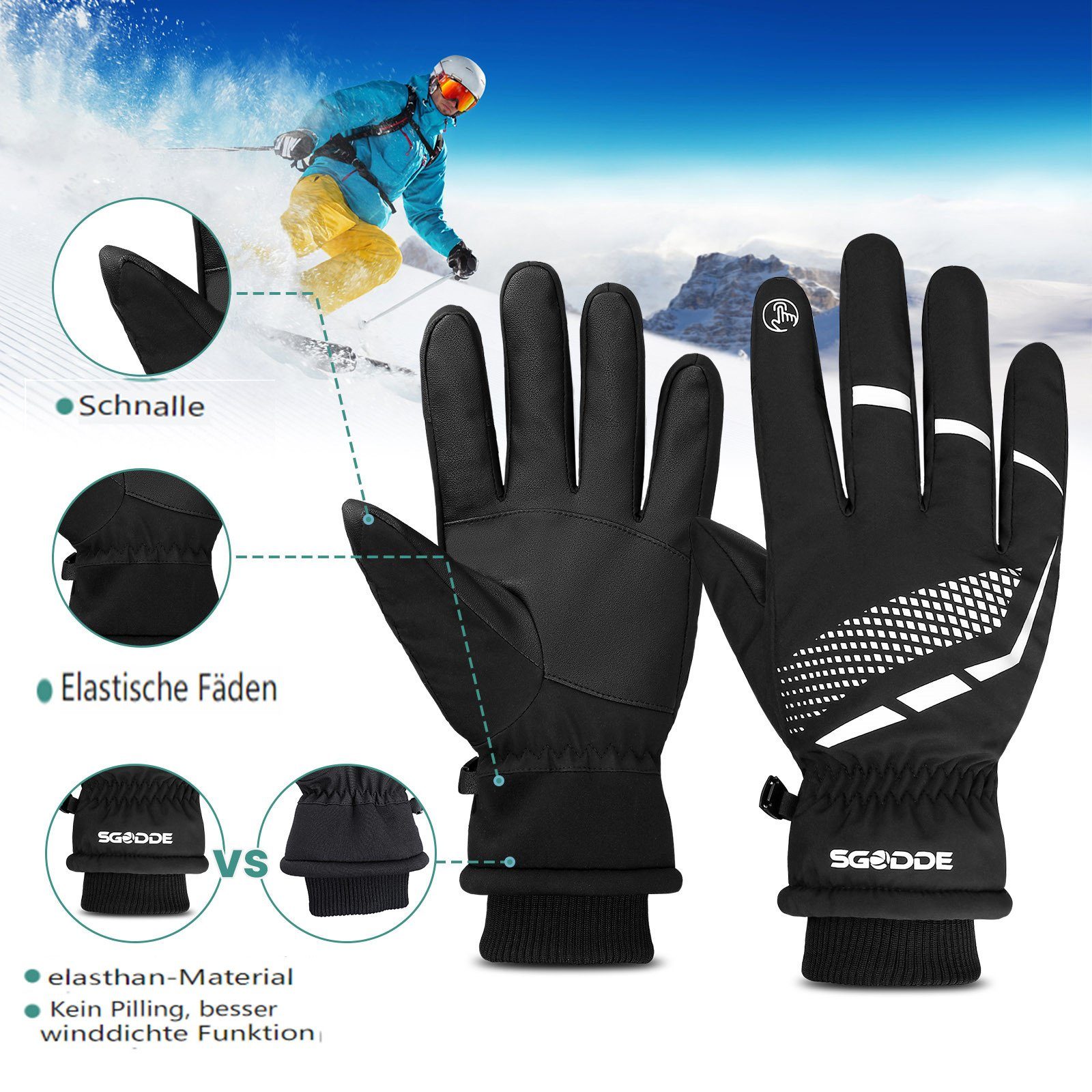 Skihandschuhe XL Touchscreen Winter Winddicht Handschuhe SGODDE Fahhrad Wasserdicht