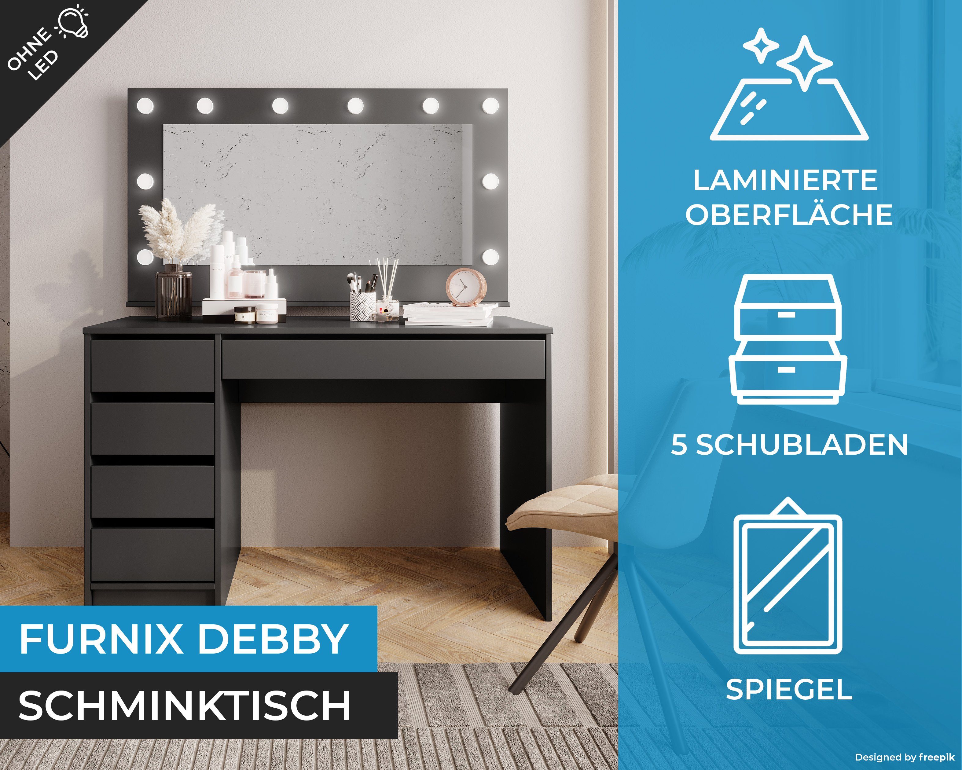 Furnix Schminktisch H75 LED-Beleuchtung, geräumig, ohne Ablagen Anthrazit Spiegel EU pflegeleicht, x in made Schublade x B120 cm, DEBBY T55