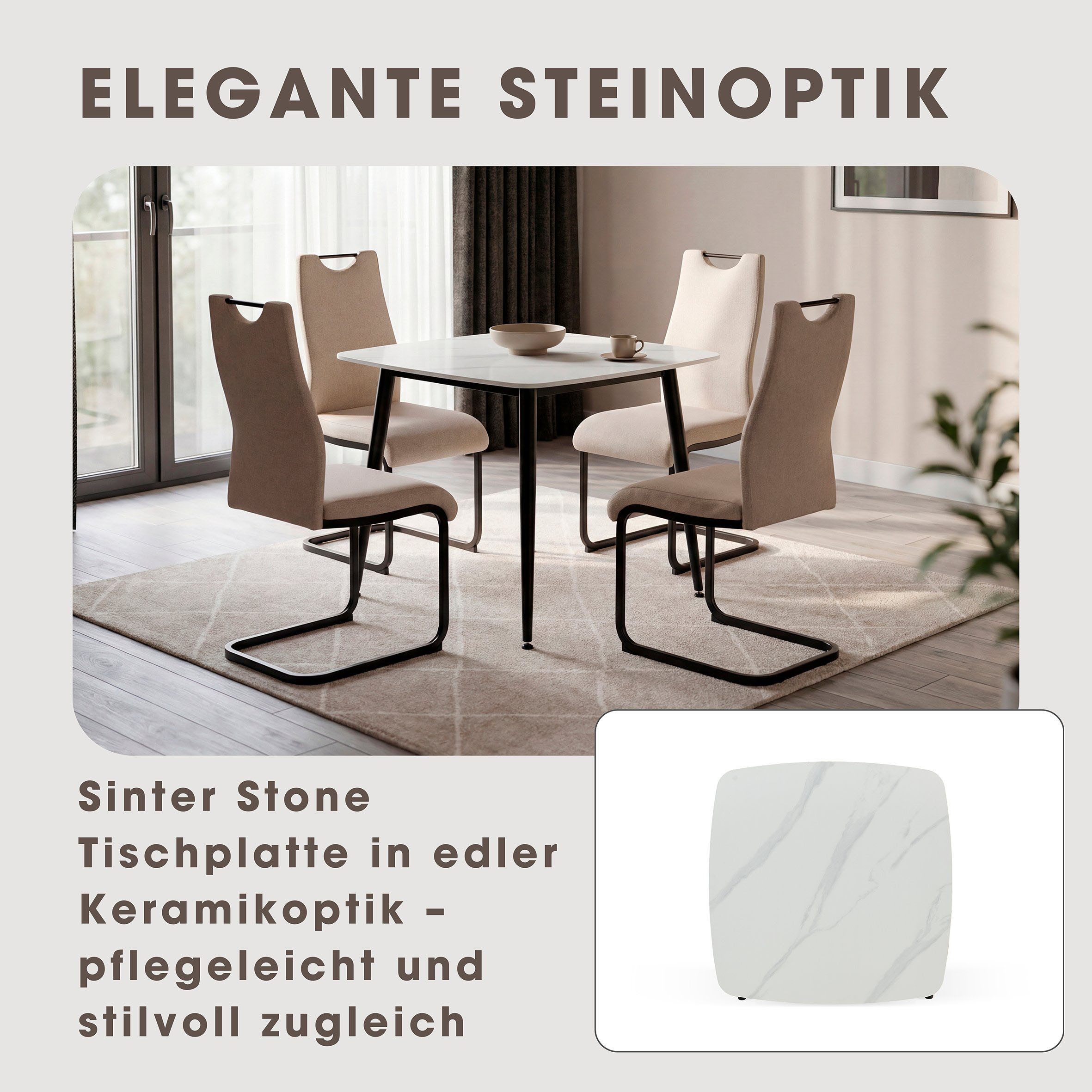 byLIVING Esstisch VERONA, Tischplatte weiß, bis 100 kg, 4-Fußgestell, 4 Sitzplätze