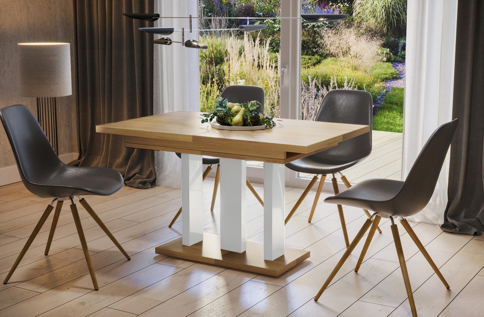 "Appia Säulentisch, Säulen-Esstisch 130-210cm Endo-Moebel Natur White" modern, Beine, Weiß Eiche Küchentisch, ausziehbar Hochglanz erweiterbar,