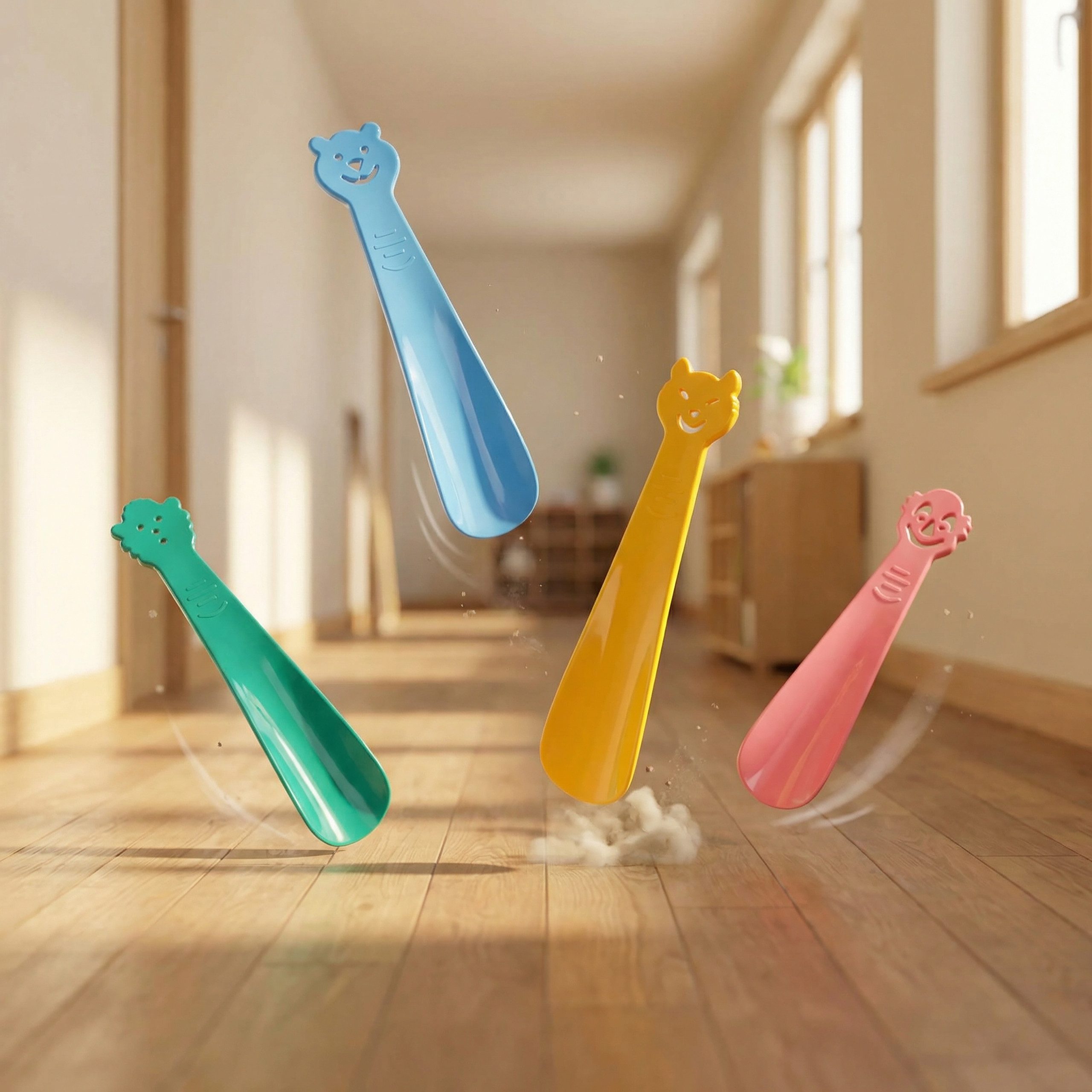 Lantelme Schuhlöffel 4 Stück Set Kinderschuhlöffel mit Motiv Kinder Schuhanzieher Bunt (4 Stück Schuhlöffel im Set aus Kunststoff), Farben Blau, Gelb, Grün und  – Bild 2 von 5