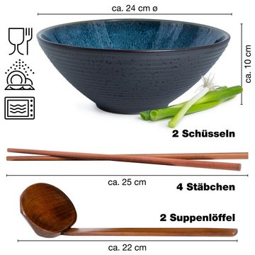 Moritz & Moritz Suppenschüssel Moritz & Moritz Ramen Schalen blau mit Rillen 2er Set, Keramik, (2er Set, 6-tlg), Ramen Bowl Set für 4 Personen