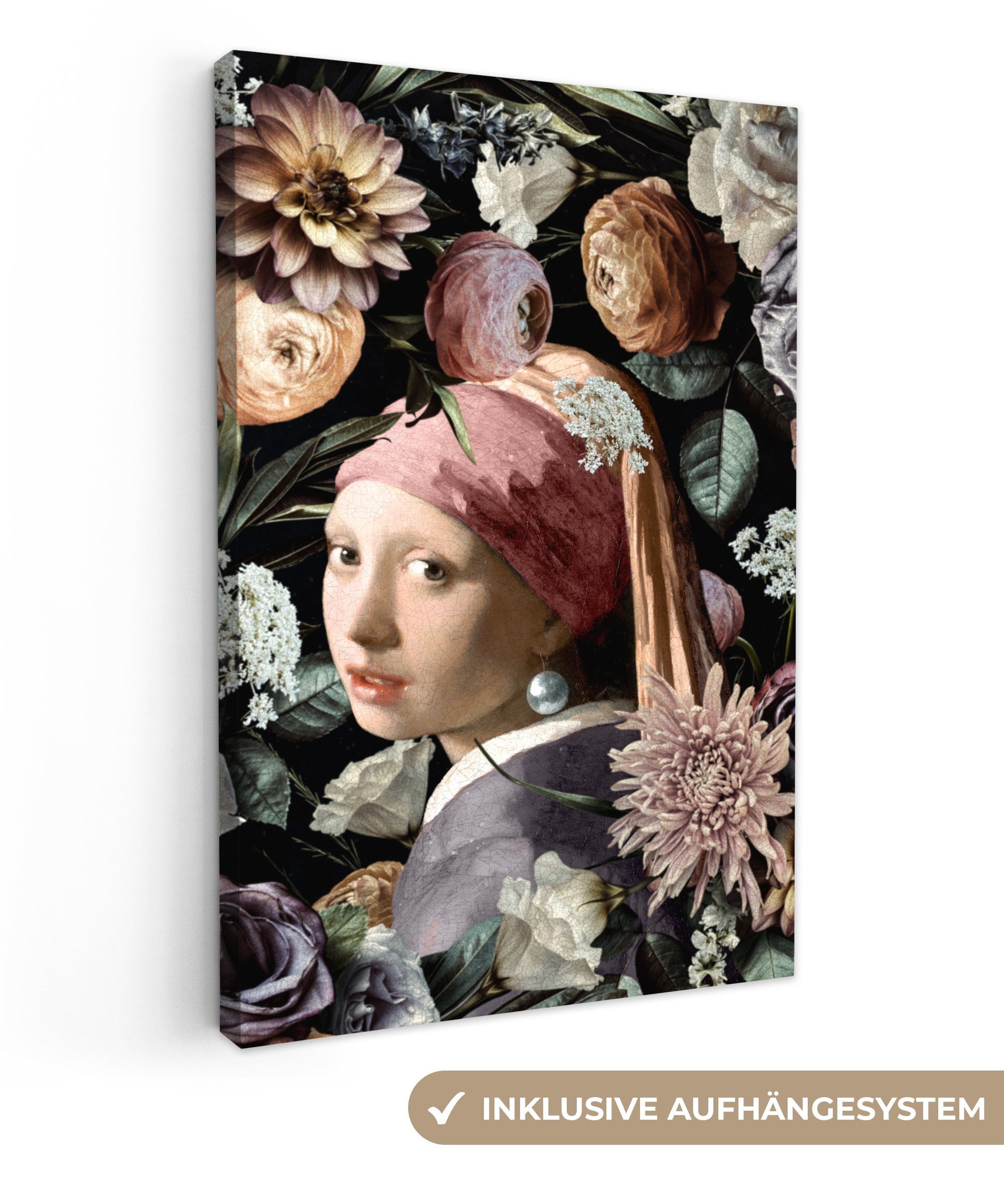 OneMillionCanvasses® Gemälde Mädchen mit Perlenohrring - Blumen - Vermeer - Pastell - Kunstwerk -, (1 St), Leinwandbild fertig bespannt inkl. Zackenaufhänger, Gemälde, 20x30 cm