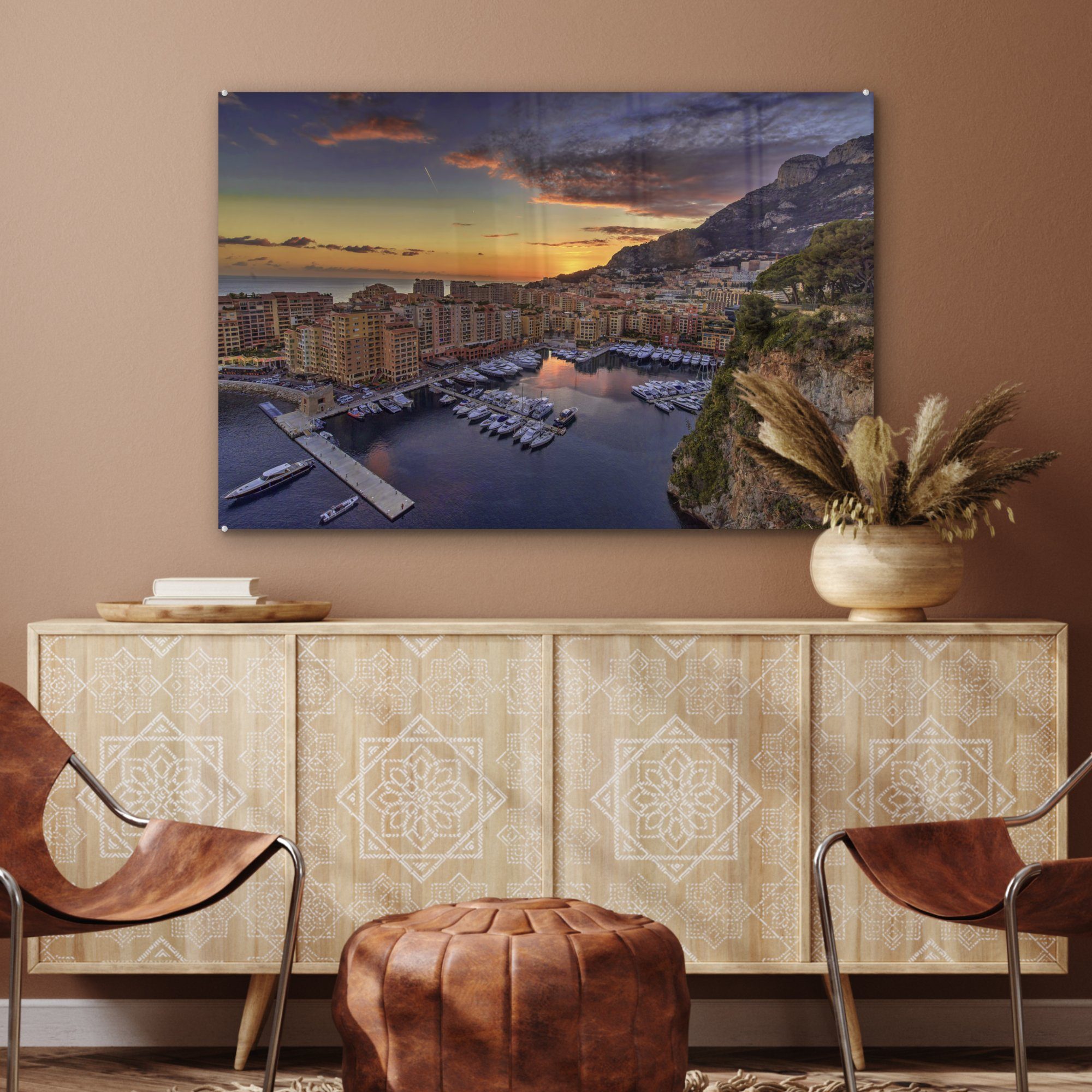 MuchoWow Acrylglasbild Schlafzimmer Sonnenuntergang, Acrylglasbilder Der (1 Monaco Wohnzimmer Hafen bei & von St),