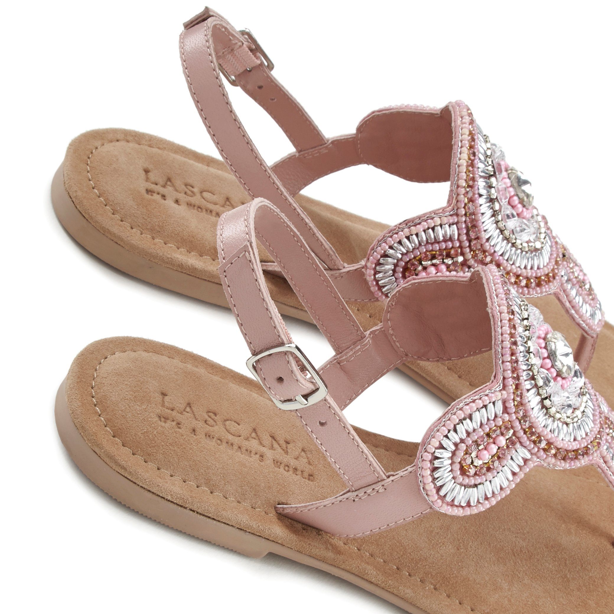LASCANA Sandalette, Sommerschuh, offener Schuh, Zehentrenner Sandale, Pantolette in Glitzer-Optik und softer Lederinnensohle