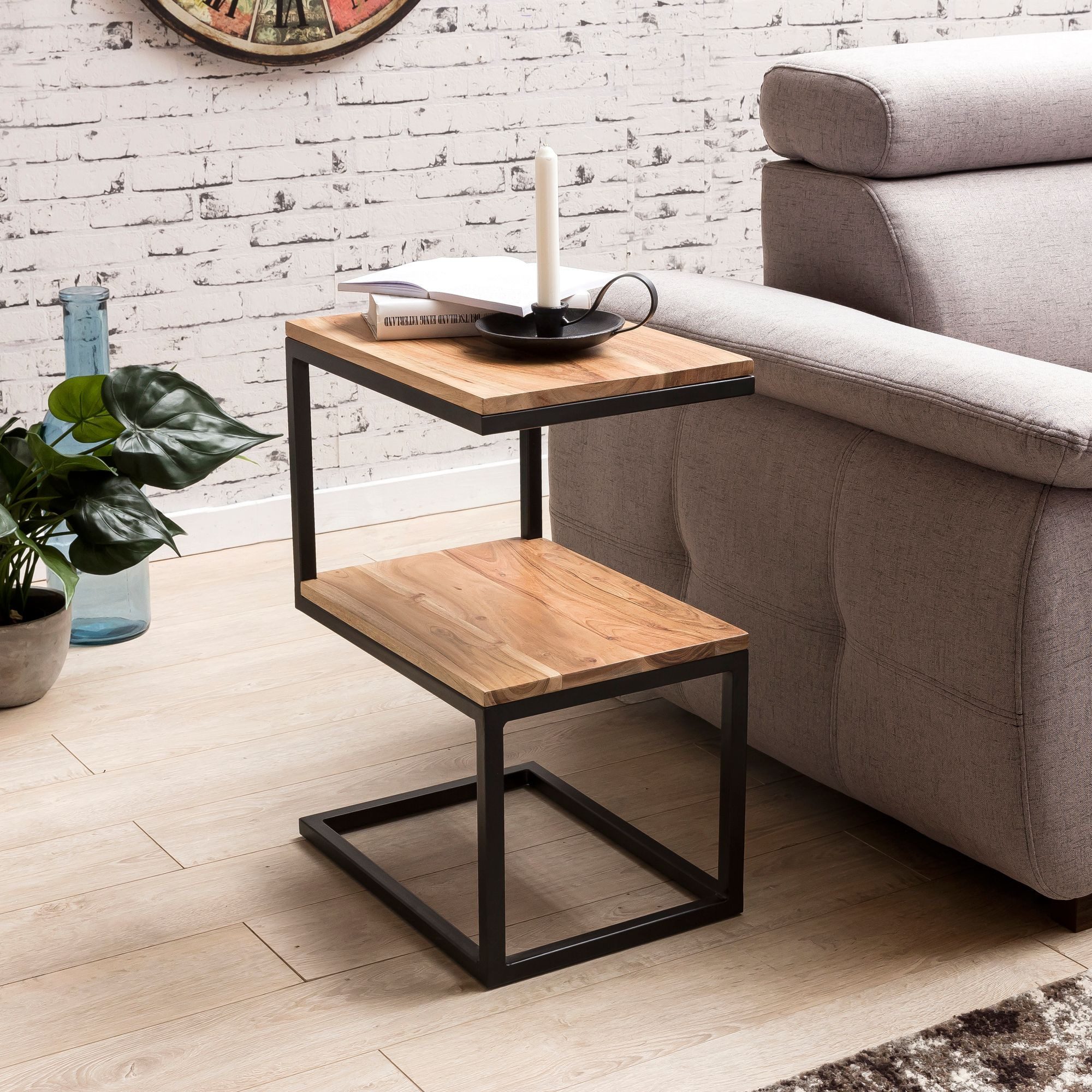 FINEBUY Beistelltisch Beistelltisch S-Form Massivholz Metall Wohnzimmertisc günstig online kaufen