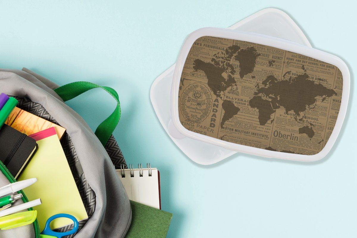 Weltkarte Mädchen MuchoWow für Brotdose, Lunchbox Brotbox Zeitungspapier, Braun (2-tlg), für weiß und Kinder Kunststoff, und - Jungs - Erwachsene,