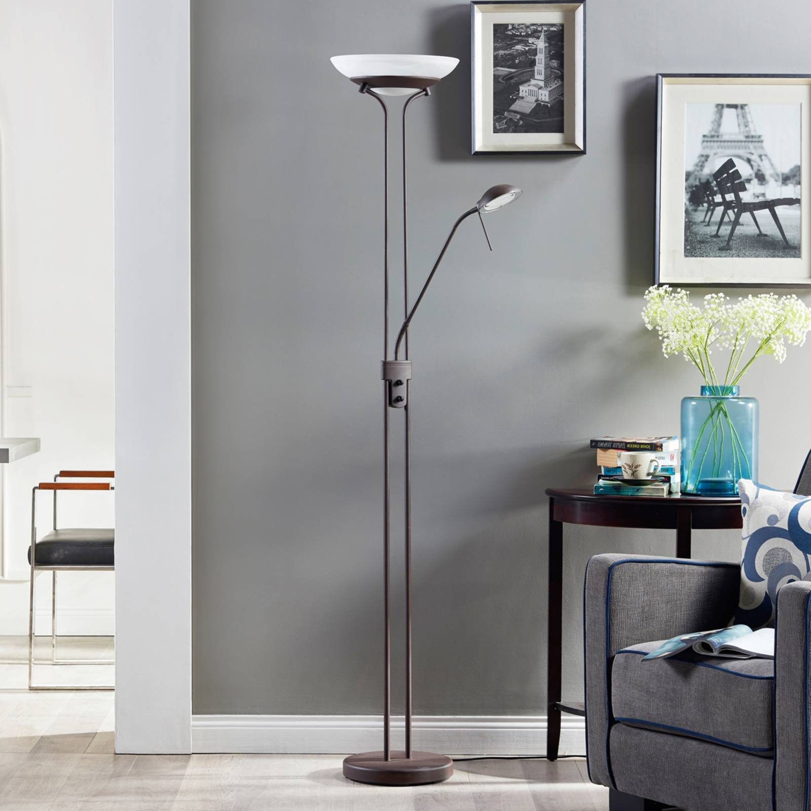 Lindby Stehlampe Yveta, LED, Metall, Braun warmweiß IP20, 1 x 20 W LED + 1 x 5 W LED, warmweiß