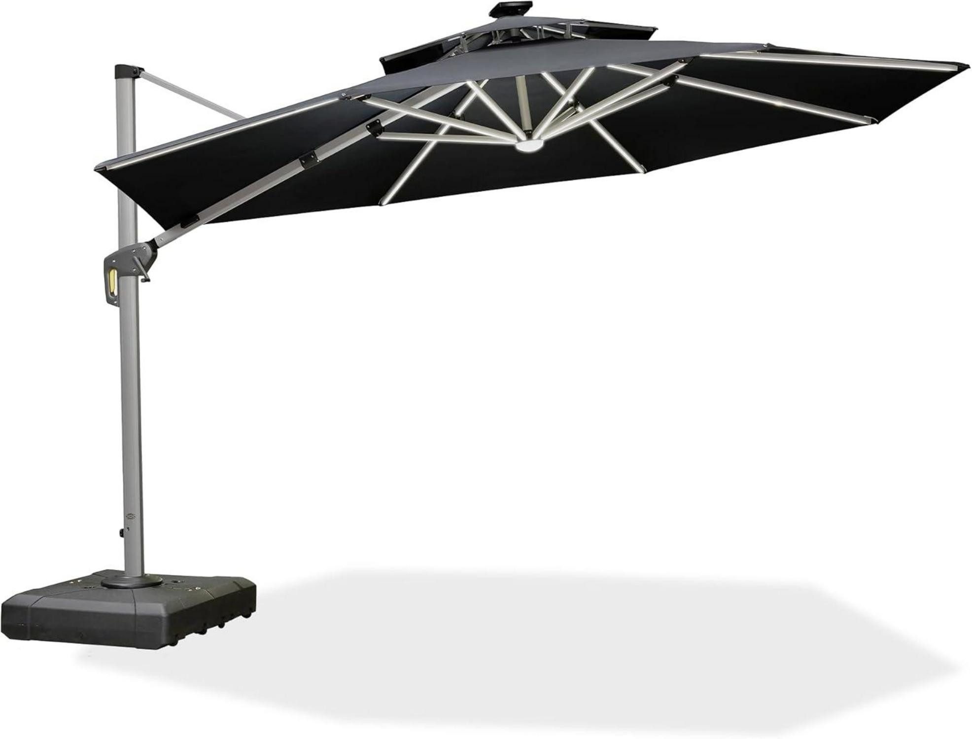 Ampelschirm Sonnenschirm LED Ampelschirm Ø 365cm 360° Rotation Kurbel UV50+ Grau