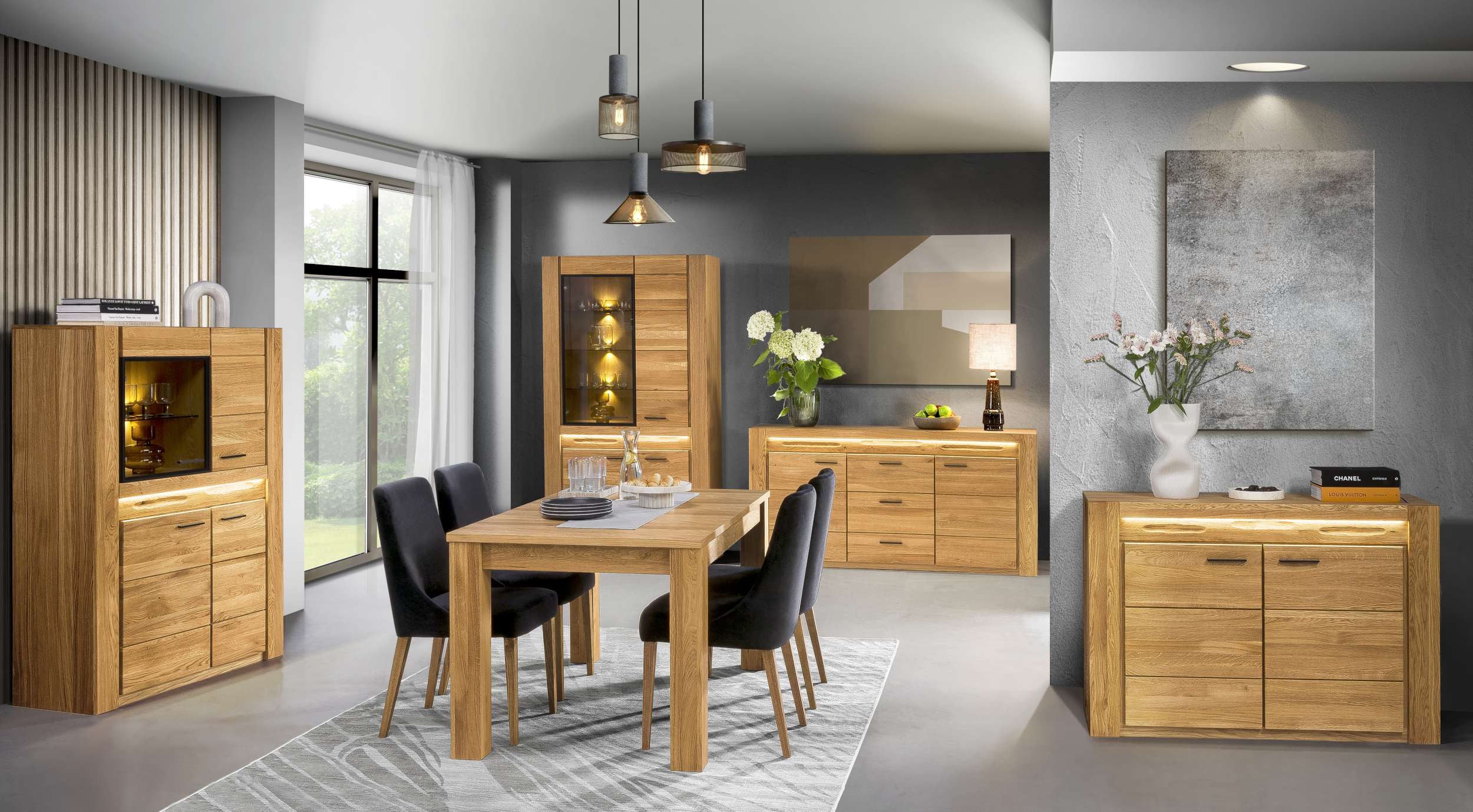 99rooms Essgruppe Vittorio, (Set (3-St), Esszimmerset), Modern Design, mit LED-Beleuchtung, Soft-Close, aus Massivholz