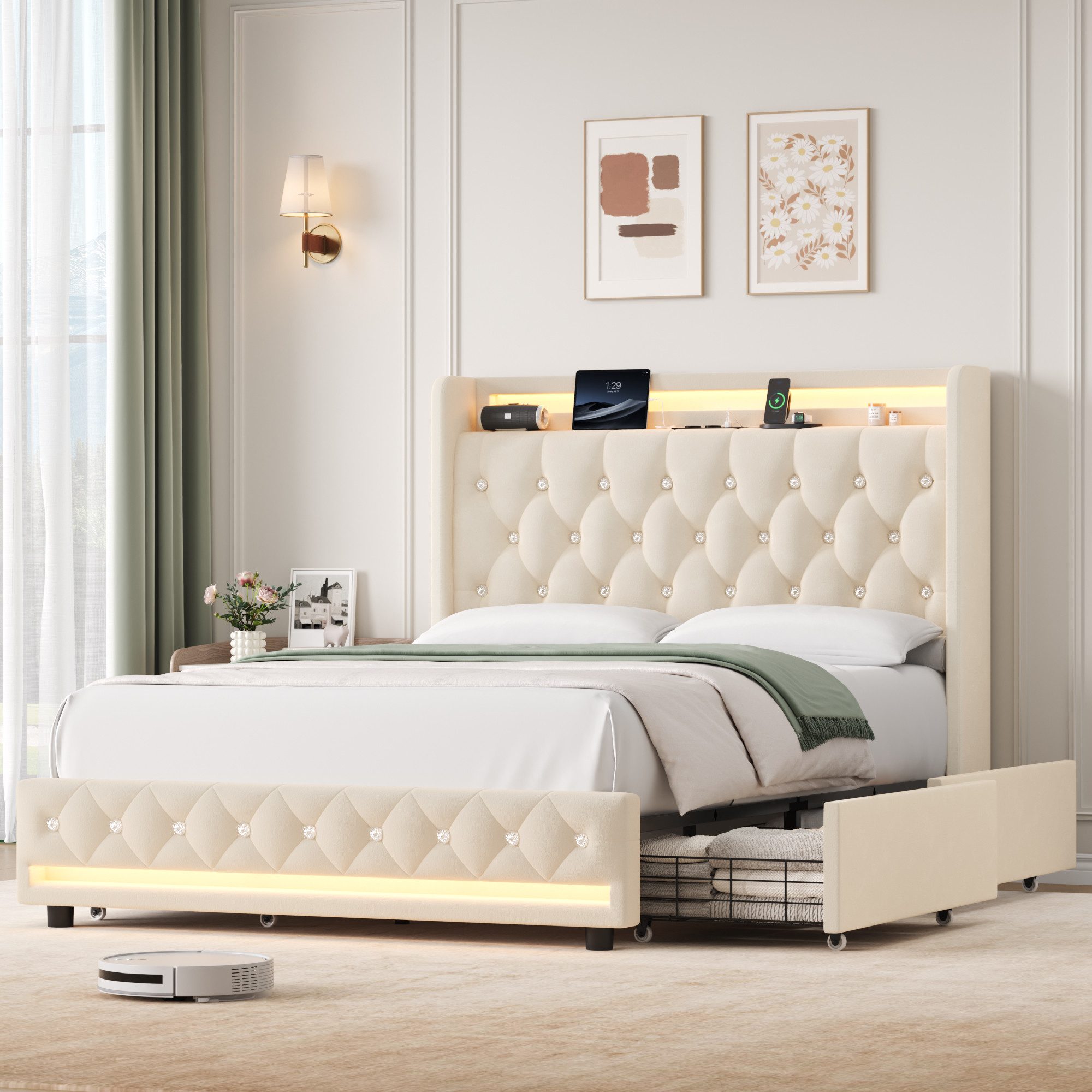 Homfa Polsterbett Bett 140x200 Bettgestell Doppelbett, mit Ladefunktion und günstig online kaufen