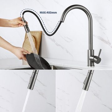 Lonheo Küchenarmatur Hochdruck Wasserhahn Küche ausziehbar mit 2 Strahlarten 360° Drehbar Spültischarmatur Dunkelgrau