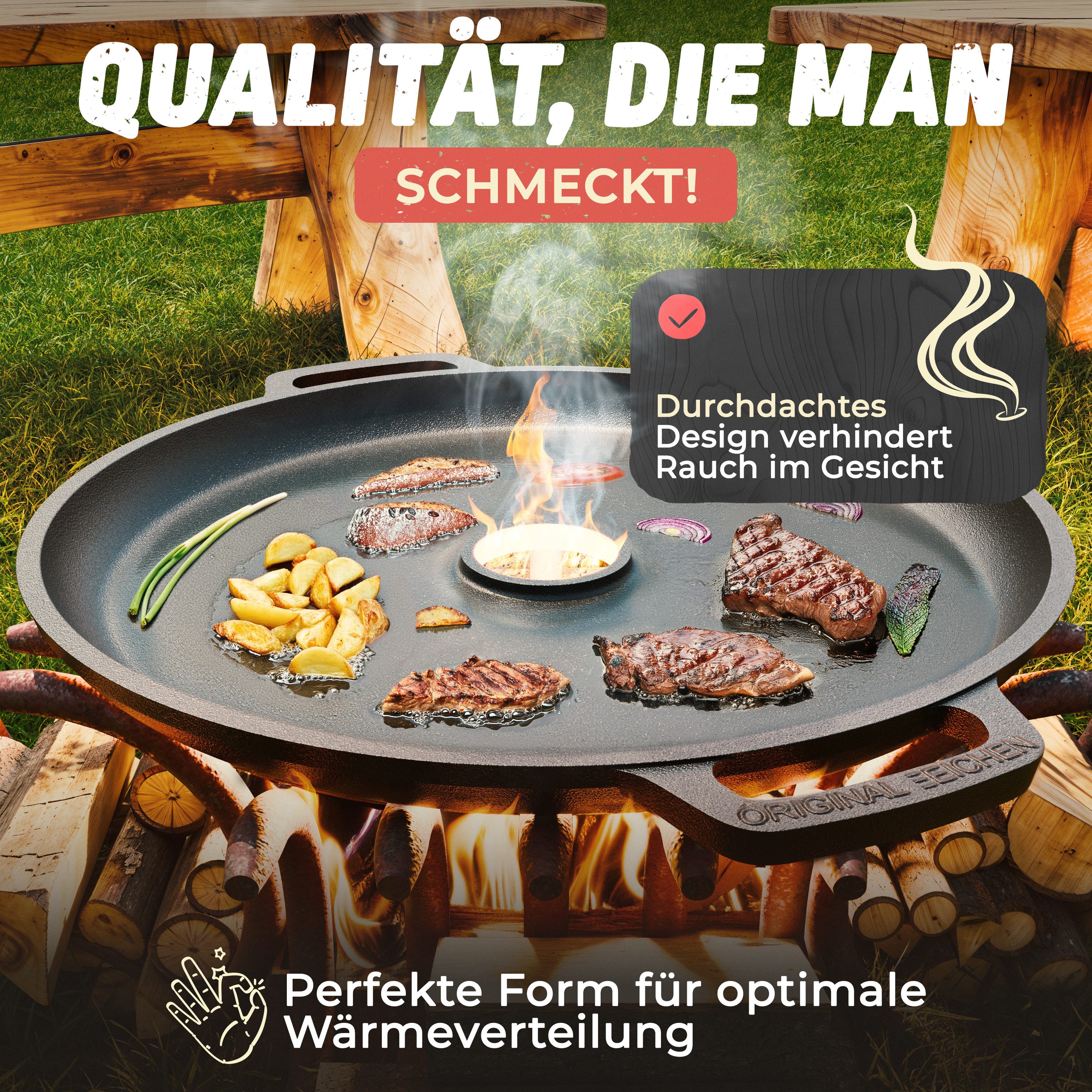 Drei Eichen Grillplatte Feuerplatte aus Gusseisen mit Tropfschutz. Ø35cm. Plancha Raketenofen (Stück, 1x Plancha Grillplatte aus Gusseisen Ø 35 cm, Stärke 5 mm  – Bild 4 von 5