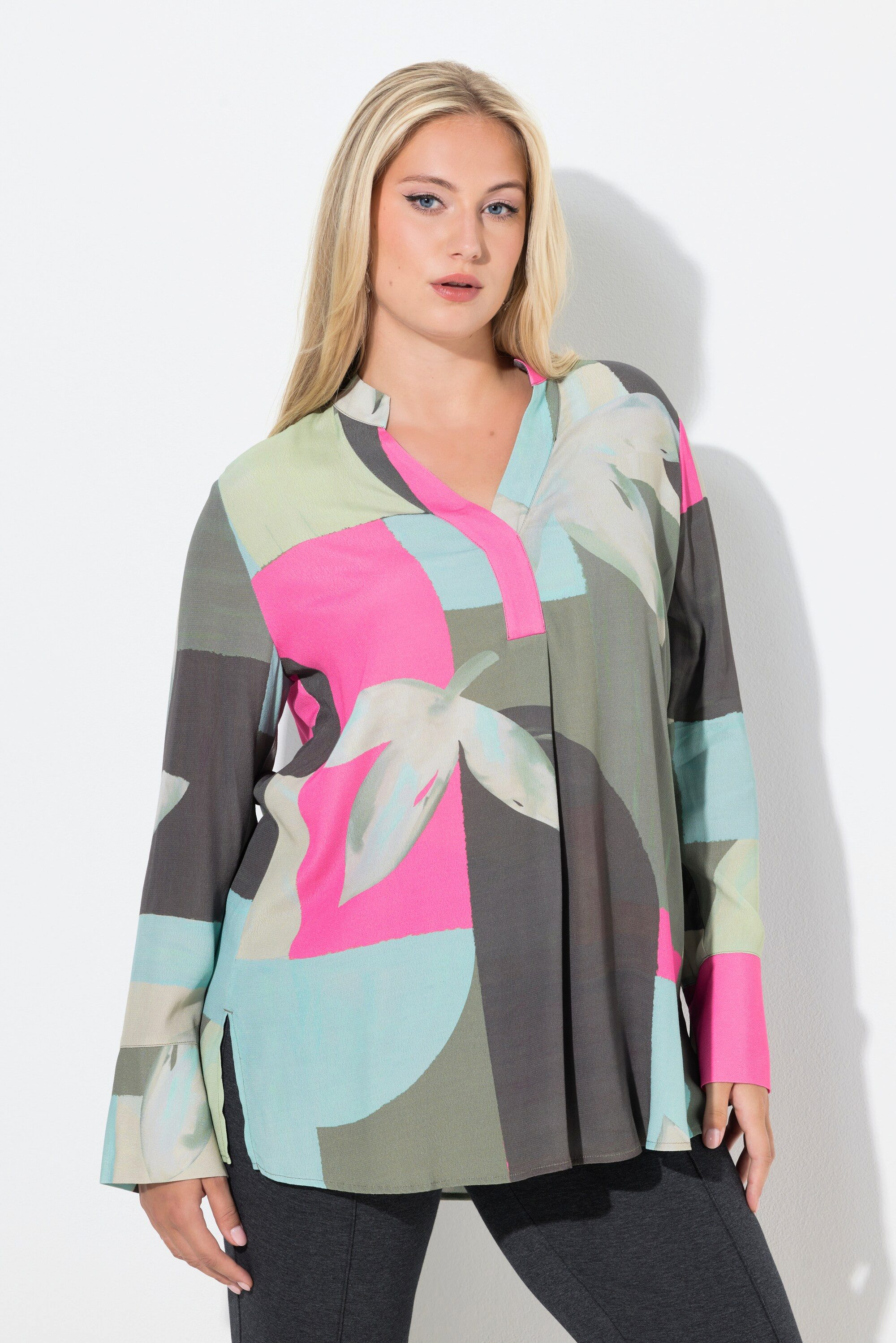 Longbluse Bluse Zierfalte A-Linie Stehkragen Langarm