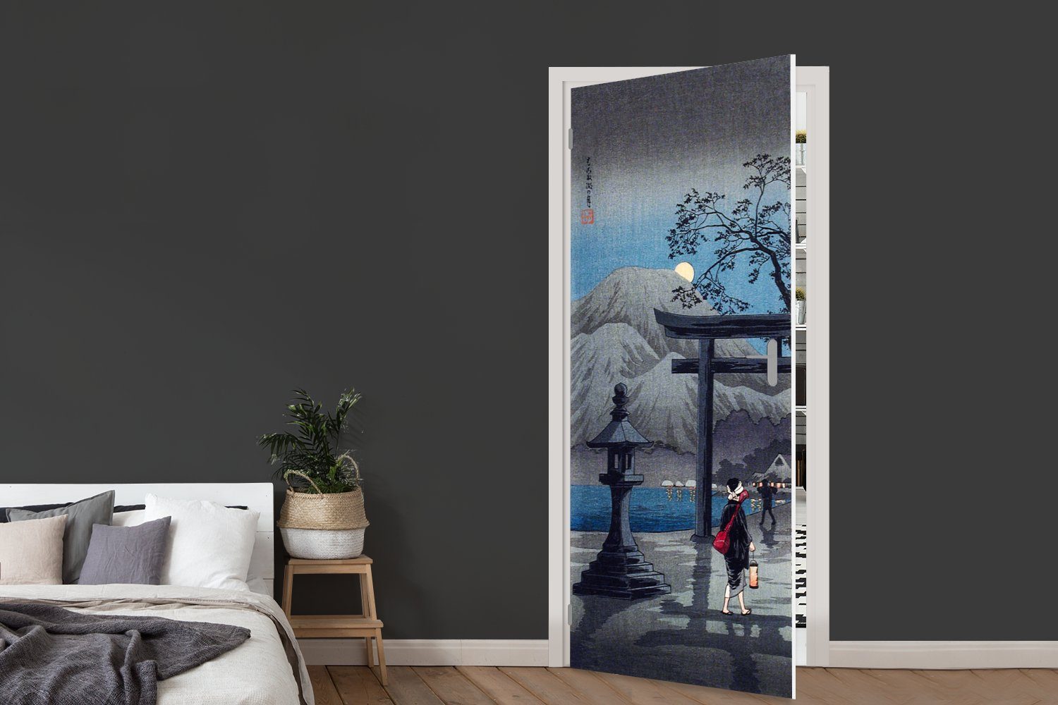 Tür, 75x205 für St), - Türaufkleber, Japanisch (1 Malerei Fototapete Kunst, MuchoWow - cm bedruckt, Matt, Türtapete
