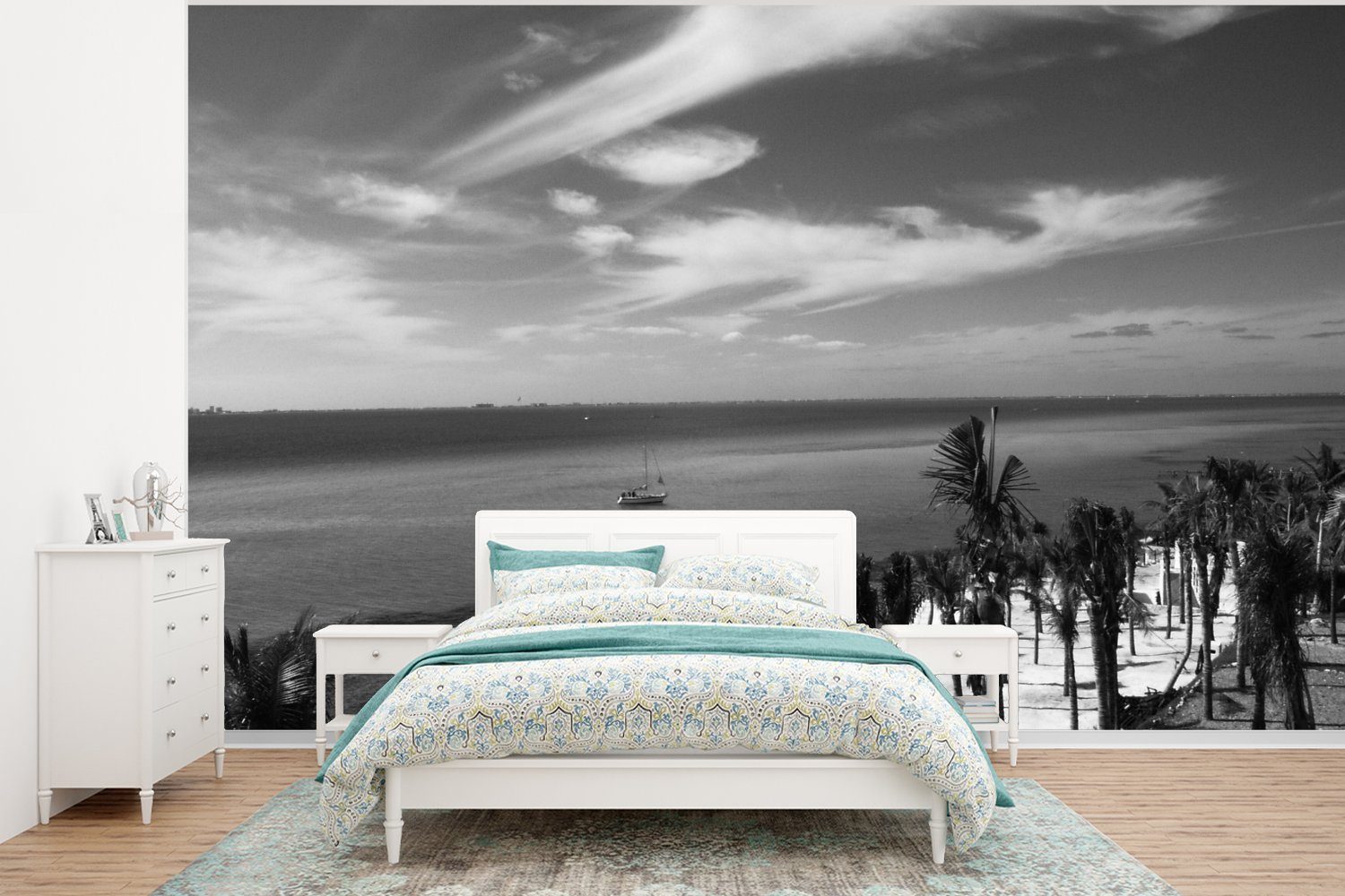MuchoWow Fototapete Meer in der Nähe der Insel Isla Mujeres - Schwarz und weiß, Matt, bedruckt, (6 St), Wallpaper für Wohnzimmer, Schlafzimmer, Kinderzimmer, Vinyl Tapete