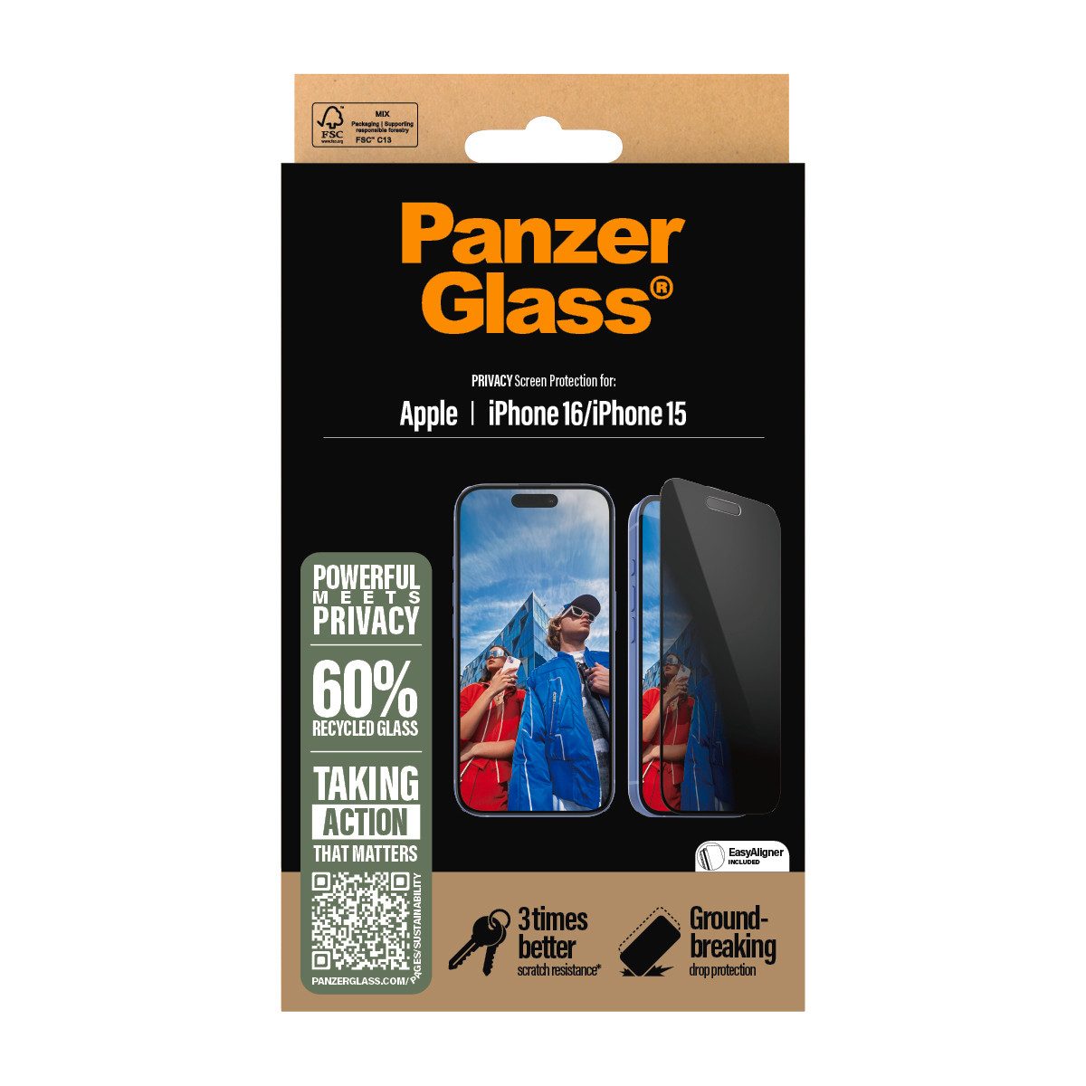 PanzerGlass Displayschutzglas Privacy Screen Protection für Apple iPhone 15, Apple iPhone 16, Displayschutzfolie, Schutzfolie, Bildschirmschutz, kratz- & stoßfest