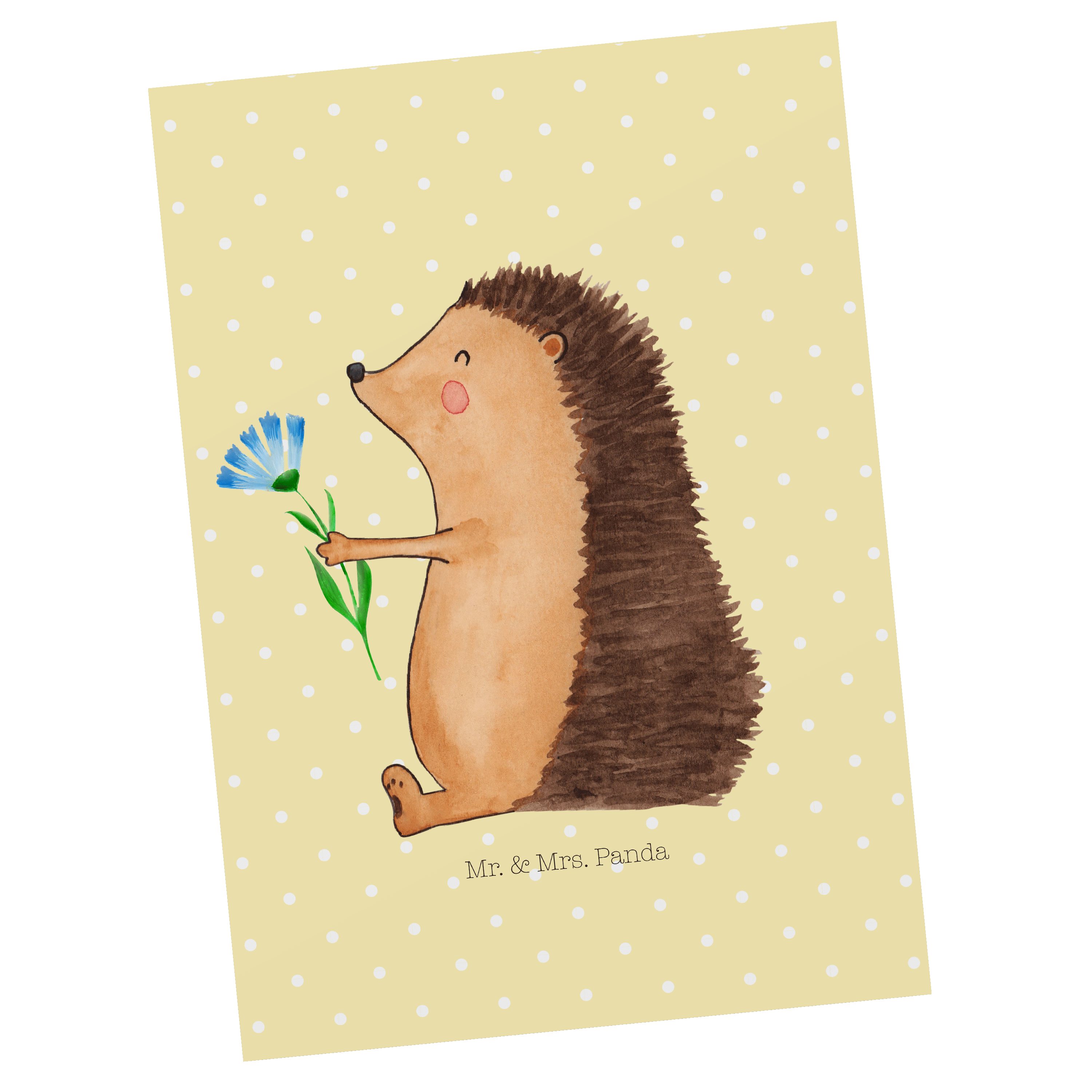 Mr. & Mrs. Panda Postkarte Igel mit Blume - Gelb Pastell - Geschenk, Besuch, Gute Laune, Tiermot