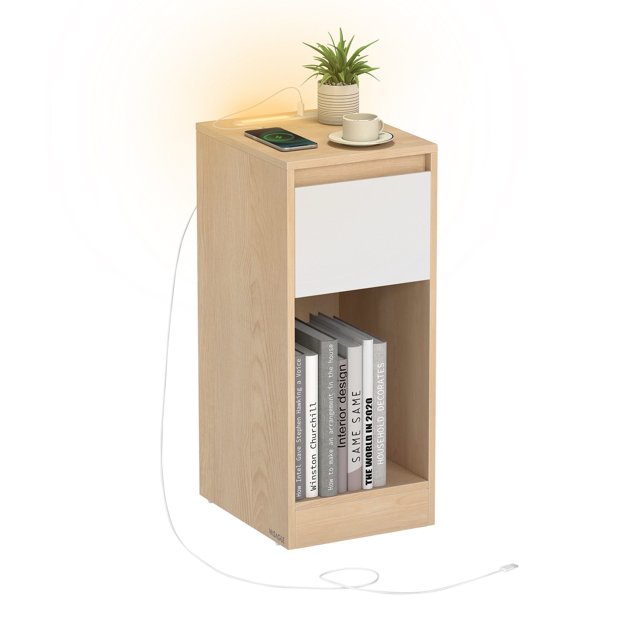 VASAGLE Nachttisch (1-St), schmal Beistelltisch, Nachtschrank mit LED-Beleuchtung,Touch-Steuerung