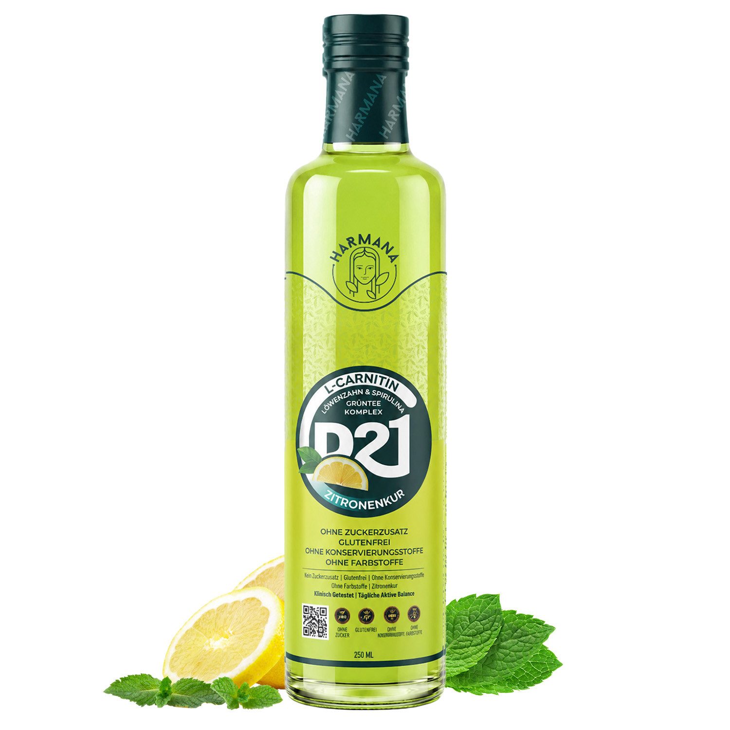 Harmana Sirup Lemon Cure-Getränkekonzentrat mit L-Carnitin, Grüntee & Spirulina, 250 ml, Zuckerfrei, glutenfrei und ohne Konservierungsstoffe