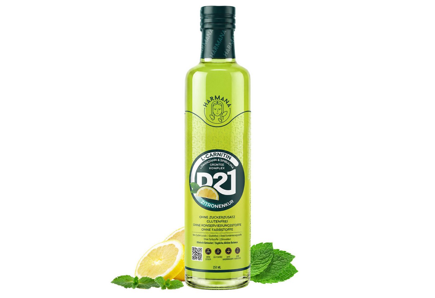 Harmana Sirup Lemon Cure-Getränkekonzentrat mit L-Carnitin, Grüntee & Spirulina, 250 ml, Zuckerfrei, glutenfrei und ohne Konservierungsstoffe