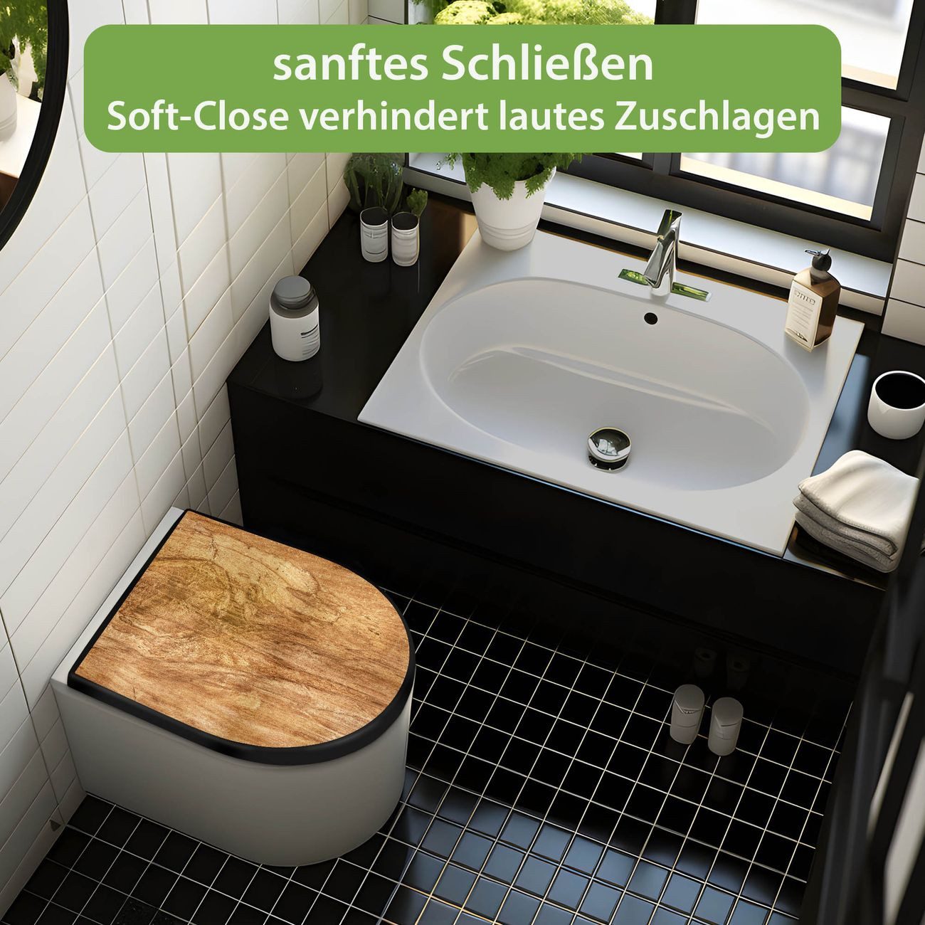 banjado WC-Sitz Premium D-Form mit Absenkautomatik Motiv Holz Struktur mit Astloch (umweltfreundliches Material, Softclose Absenkautomatik), 45 x 36,4 x 4