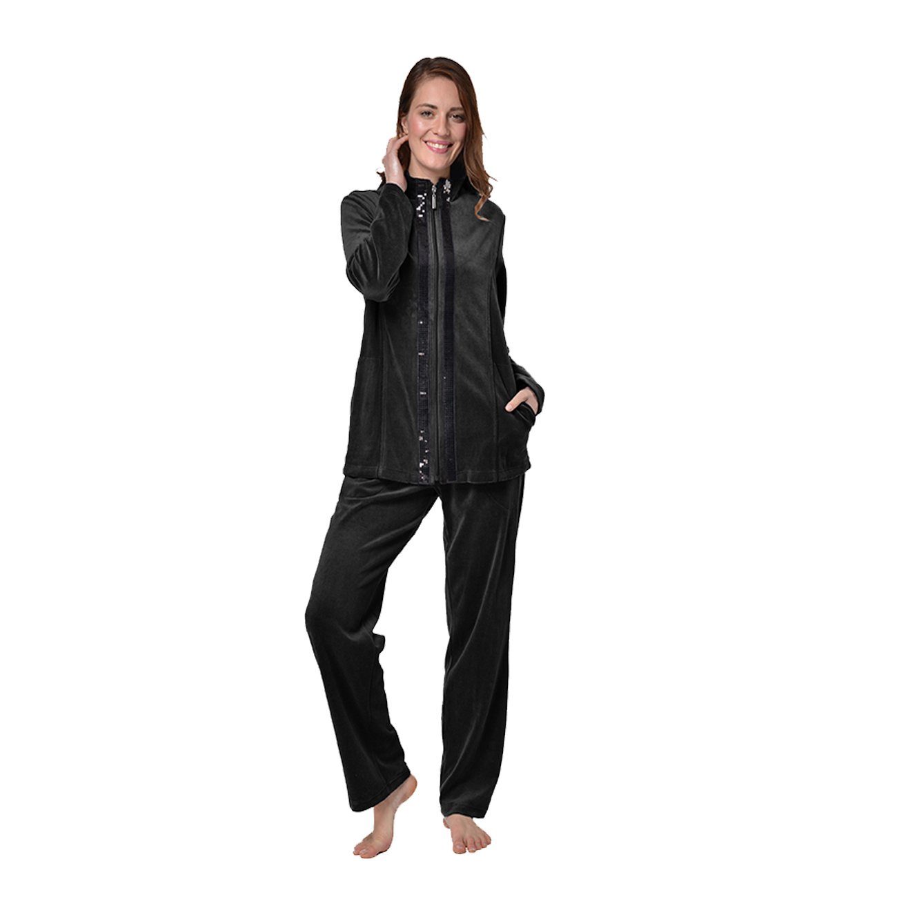Nicki-Anzug zwei Damen Freizeitanzug Velours RAIKOU schwarze tlg) Paillettenreihen (2 glänzende, Hausanzug Hausanzug