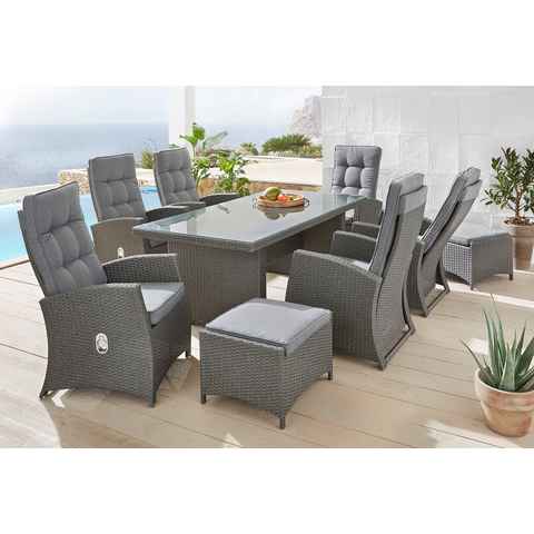 KONIFERA Garten-Essgruppe Monaco, (Set, 17-tlg., 6x Sessel, 2x Hocker, 1x Tisch 200x100x74cm, inkl. Auflagen), Polyrattan, Aluminium, Rückenlehne verstellbar