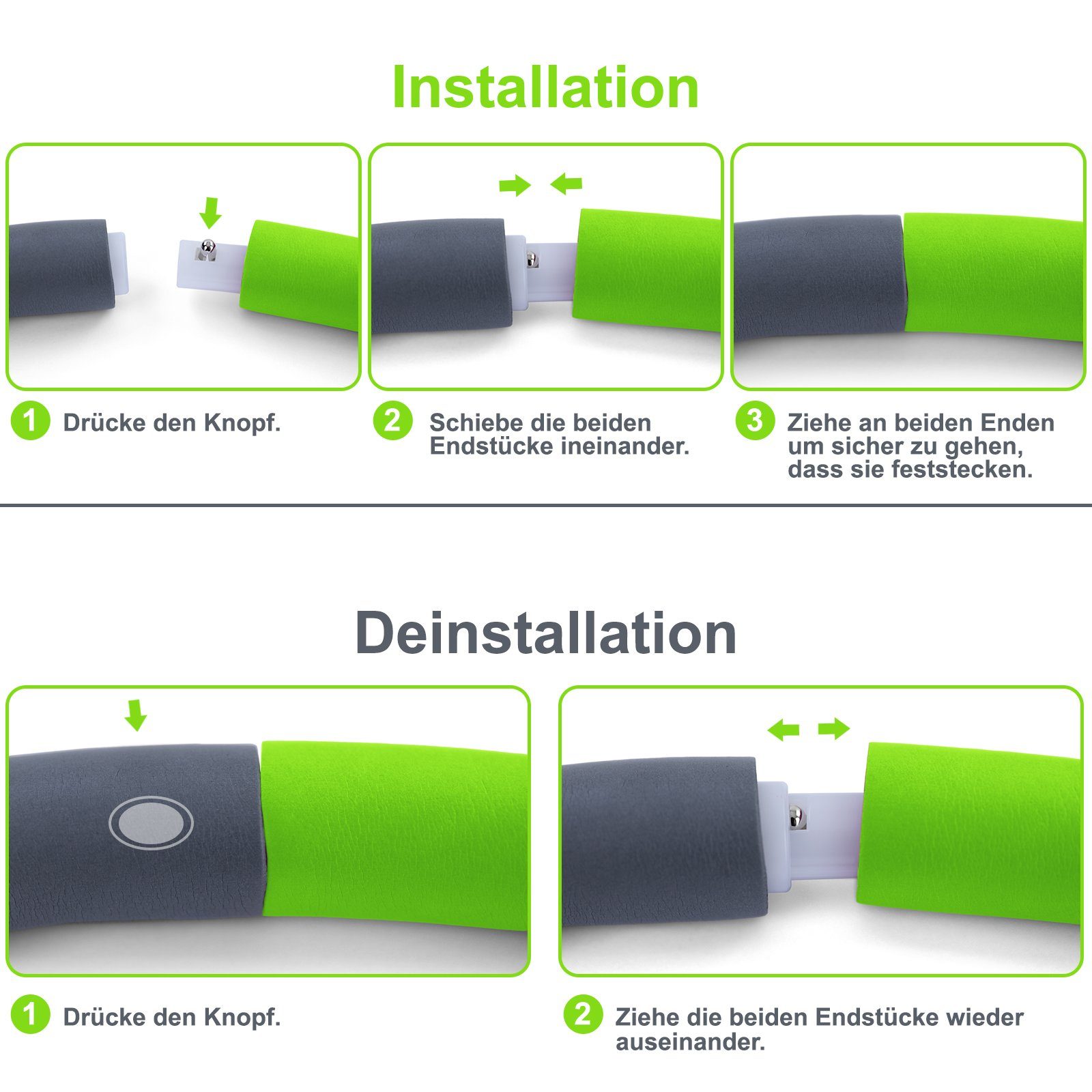 RAMROXX Hula-Hoop-Reifen Fitness Reifen 8 Teile gepolstert Durchmesser einstellbar Grau Grün