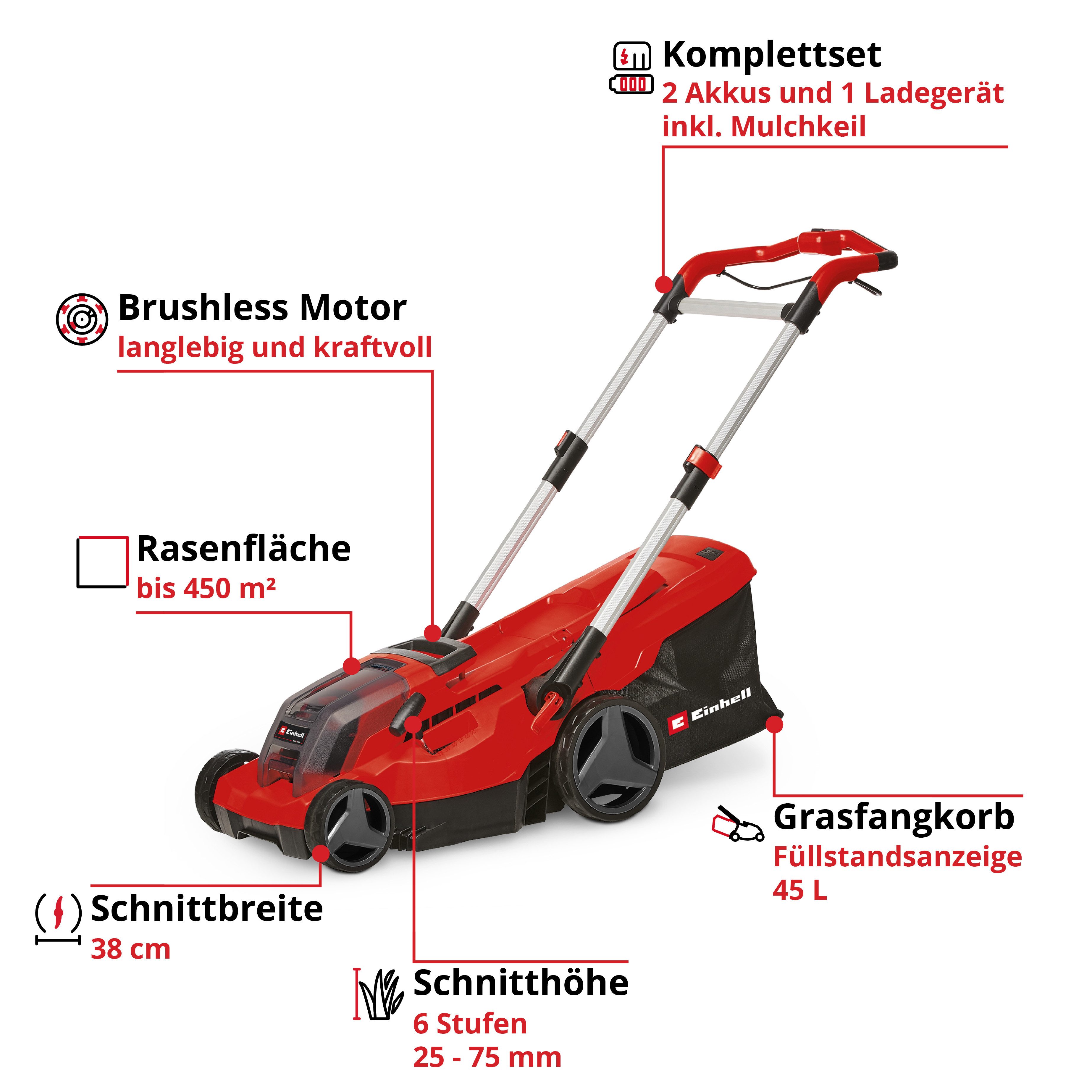 Einhell Akkurasenmäher Professional GP-CM 36/450, 38 cm Schnittbreite, 1x Akku-Rasenmäher, 2x 4,0 Ah Akku, Twincharger, Mulchkeil