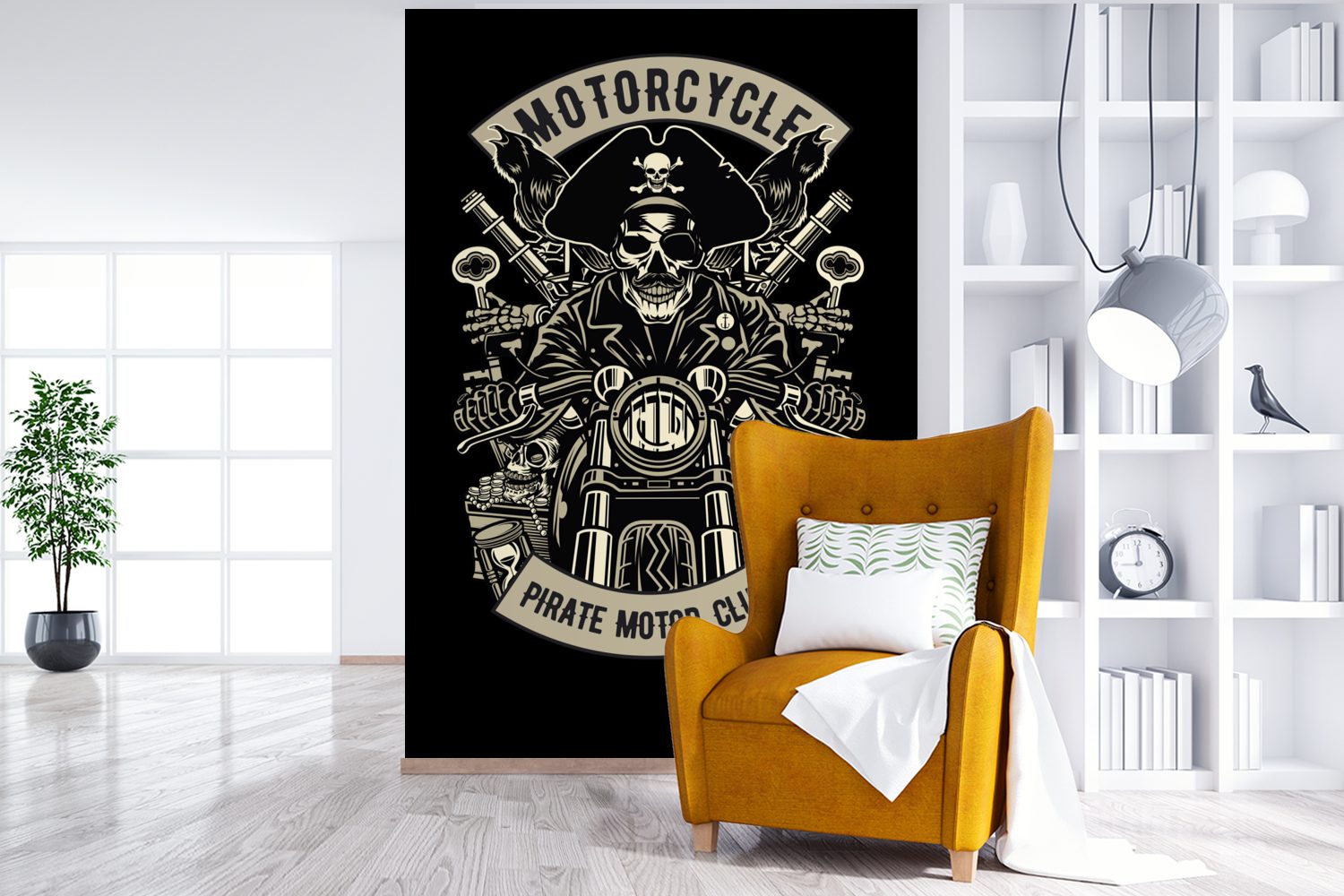 für (3 - Wohnzimmer, MuchoWow Motor Piraten Wandtapete Montagefertig - Fototapete Retro - bedruckt, St), Zeichnung, Tapete Vinyl Matt,