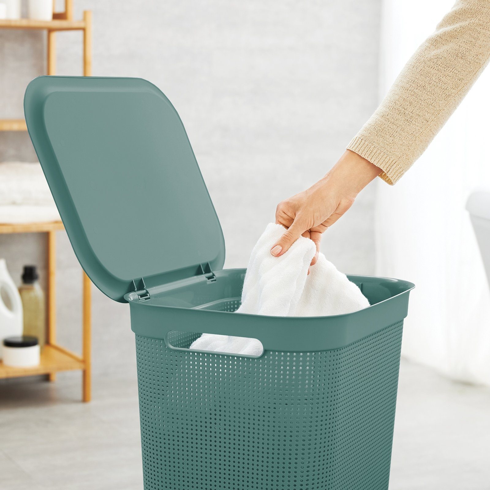 Wäschesammler grün an den Wäschebox Wäschekorb Mistletoe 50l Brisen Kunststoff (PP) ROTHO innerhalb ermöglicht der Griffen, mit Luftzirkulation Deckel Seiten 2 BPA-frei, Löcher und
