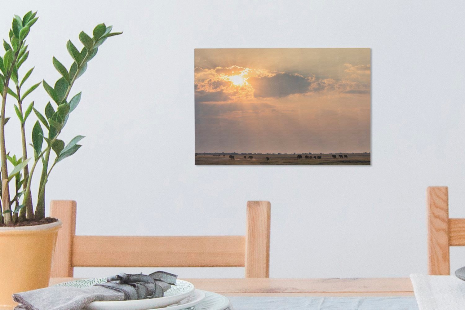 Savanne Leinwandbild Sonnenstrahlen Wanddeko, OneMillionCanvasses® cm Aufhängefertig, Wandbild Leinwandbilder, Chobe-Nationalpark., im (1 30x20 der über St),