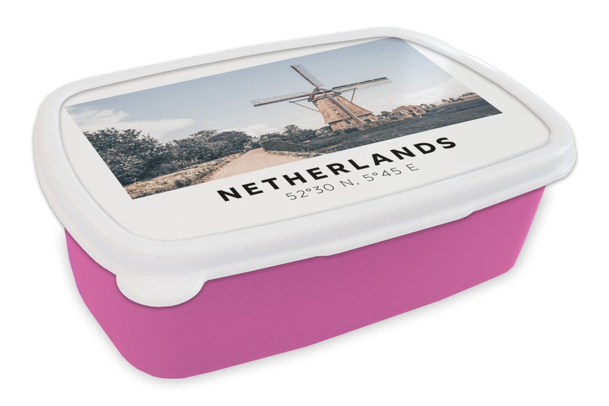 Niederlande - - Mädchen, Erwachsene, Kinder, (2-tlg), Kunststoff, Kunststoff rosa Brotdose Snackbox, Sommer, Lunchbox für MuchoWow Brotbox Windmühle