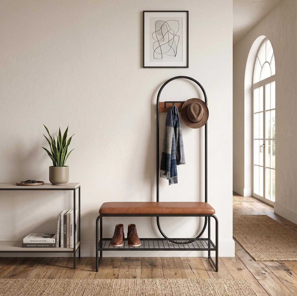 JVmoebel Garderobenständer Garderobenbank Metall Bank Haken Ablage Flur modern Design Sitz, Made in Europa