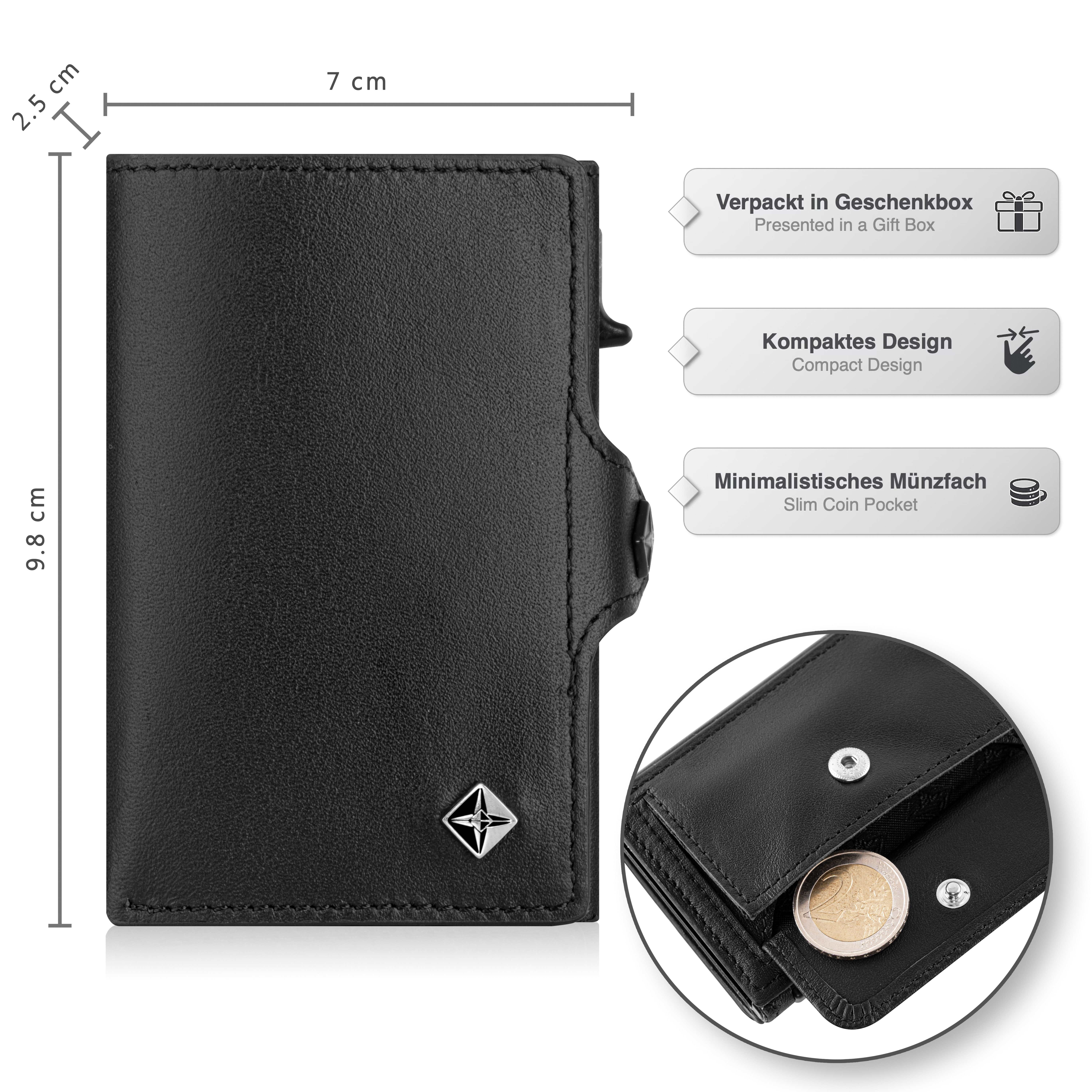 von Elbstein Hamburg Smart-Wallet 'Fiete'. Echtleder Geldbörse mit Card-Holder. Slim Wallet mit Münzfach (Designed in Hamburg, Handgefertigt, Made in Europe), Kartenetui mit Münzfach