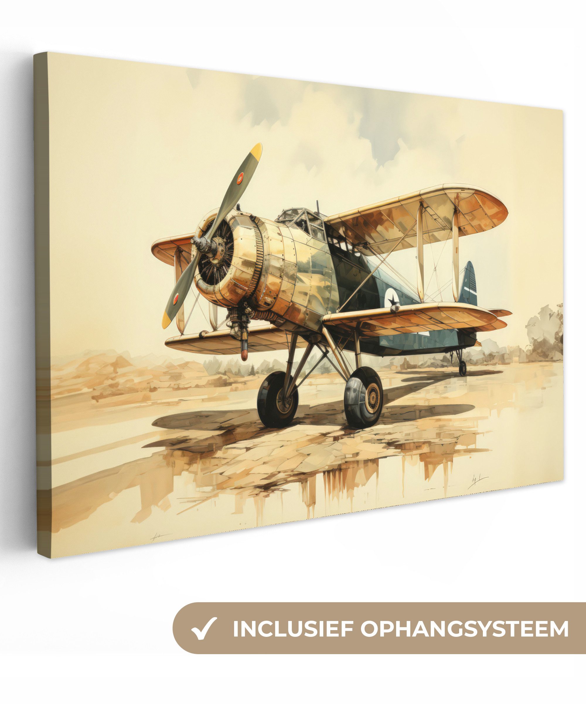 OneMillionCanvasses® Leinwandbild Vintage - Flugzeug - Wasser - Beige -Fahrzeug, Fotodruck (1 St), Leinwand Bilder Klein, Wand Dekoration Aesthetic 30x20 cm