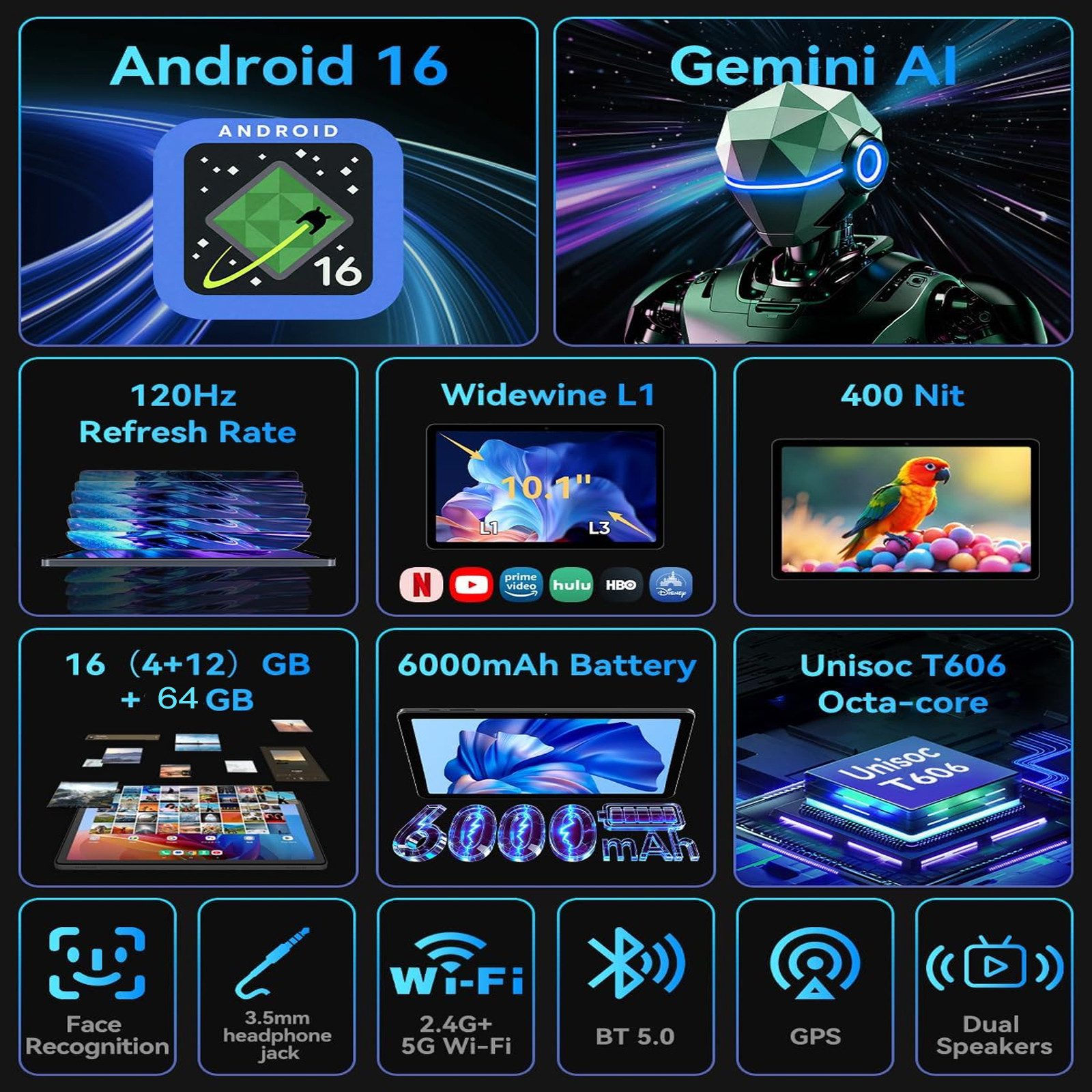 BNCF BPad 10 SE, Android16, 16(4+12)GB+64GB/128GB,5G WiFi Tablet (10.1", 64 GB, Android16, wifi, Unisoc T606(T7200), Zwei Stereolautsprecher, Gesichtserkennung)