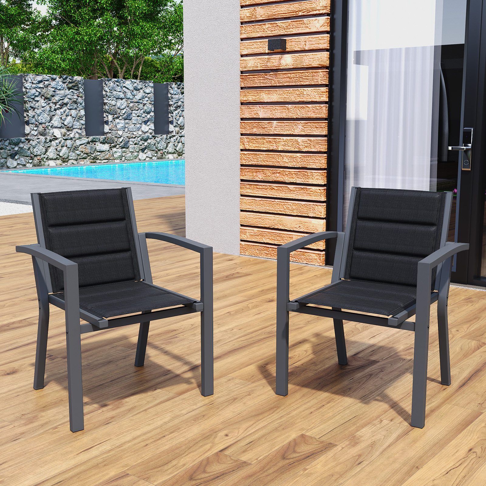 Furnicopia Gartenstuhl Stapelbar Gartenstühle Terrassenstühle mit Armlehnen, bis 160kg (2 St), Aluminiumgestell, Tecslin-Gewebe und schnell trocknende Polsterwatte